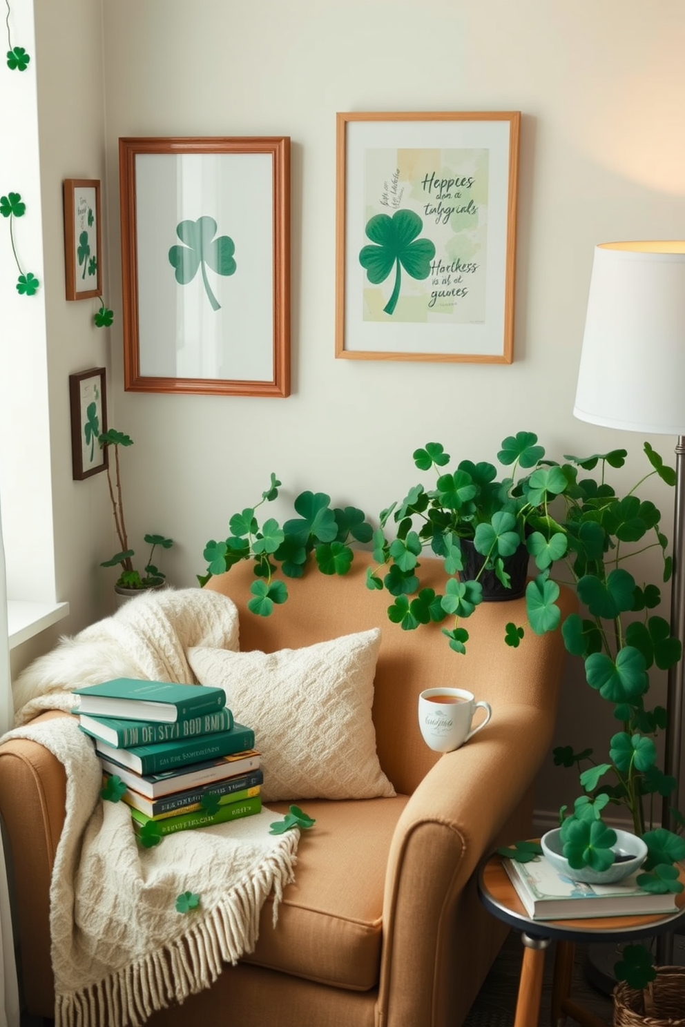 A cozy reading nook adorned with fresh shamrock plants for a touch of greenery. The space features a comfortable armchair with a soft throw blanket and a small side table holding a stack of books and a steaming cup of tea. The walls are decorated with subtle St. Patrick's Day accents, including framed art featuring shamrocks and gentle green hues. Soft lighting from a nearby lamp creates an inviting atmosphere perfect for relaxation and enjoying a good book.