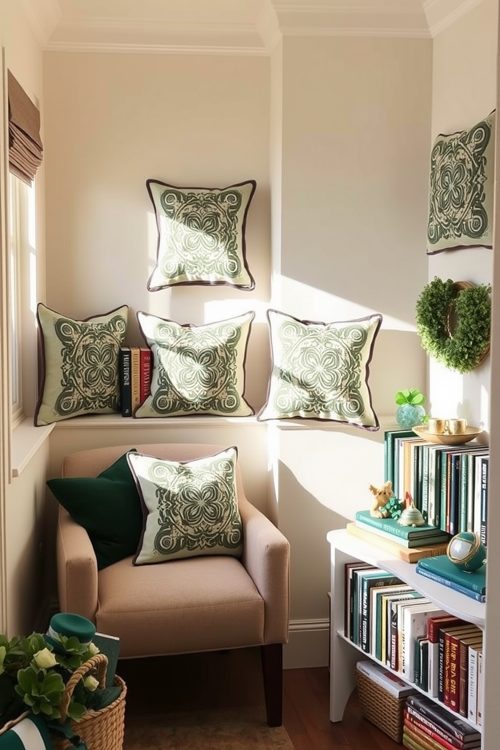 A cozy reading nook adorned with decorative pillows featuring intricate Celtic designs. The nook is bathed in soft natural light, creating a warm and inviting atmosphere perfect for enjoying a good book. The walls are painted in a gentle cream color, and a plush armchair sits in the corner next to a small bookshelf filled with various novels. Accents of green and gold are incorporated throughout the space, celebrating St. Patrick's Day with tasteful decorations that enhance the overall theme.