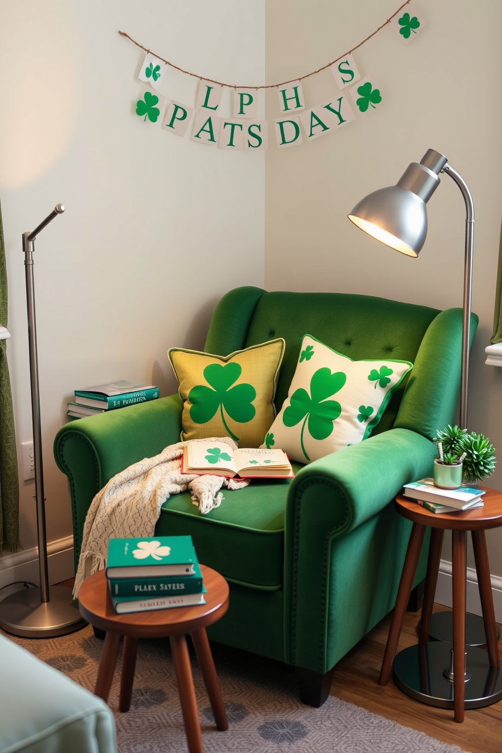 A cozy reading nook adorned with decorative green glass jars for storage. The nook features a plush armchair surrounded by shelves filled with books and a soft throw blanket draped over the side. For St. Patrick's Day decorating ideas, the space is accented with vibrant green and gold decor. Shamrock-themed cushions and a festive garland enhance the cheerful atmosphere.