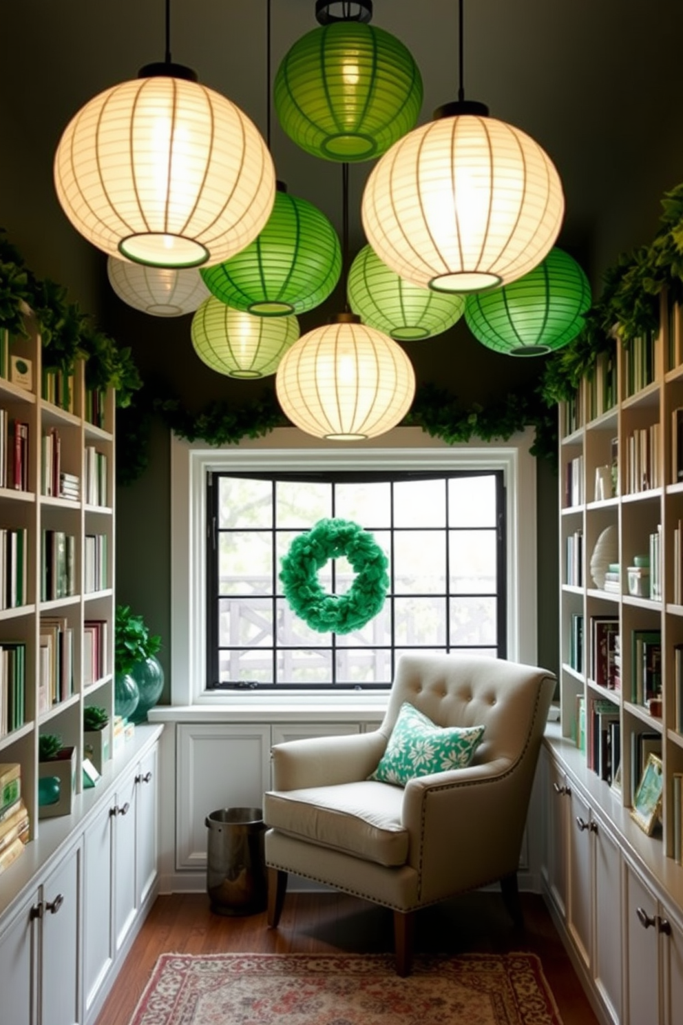 A cozy reading nook adorned with hanging paper lanterns in shades of green. The space features a comfortable armchair nestled in the corner, surrounded by shelves filled with books and decorative items for St. Patrick's Day.