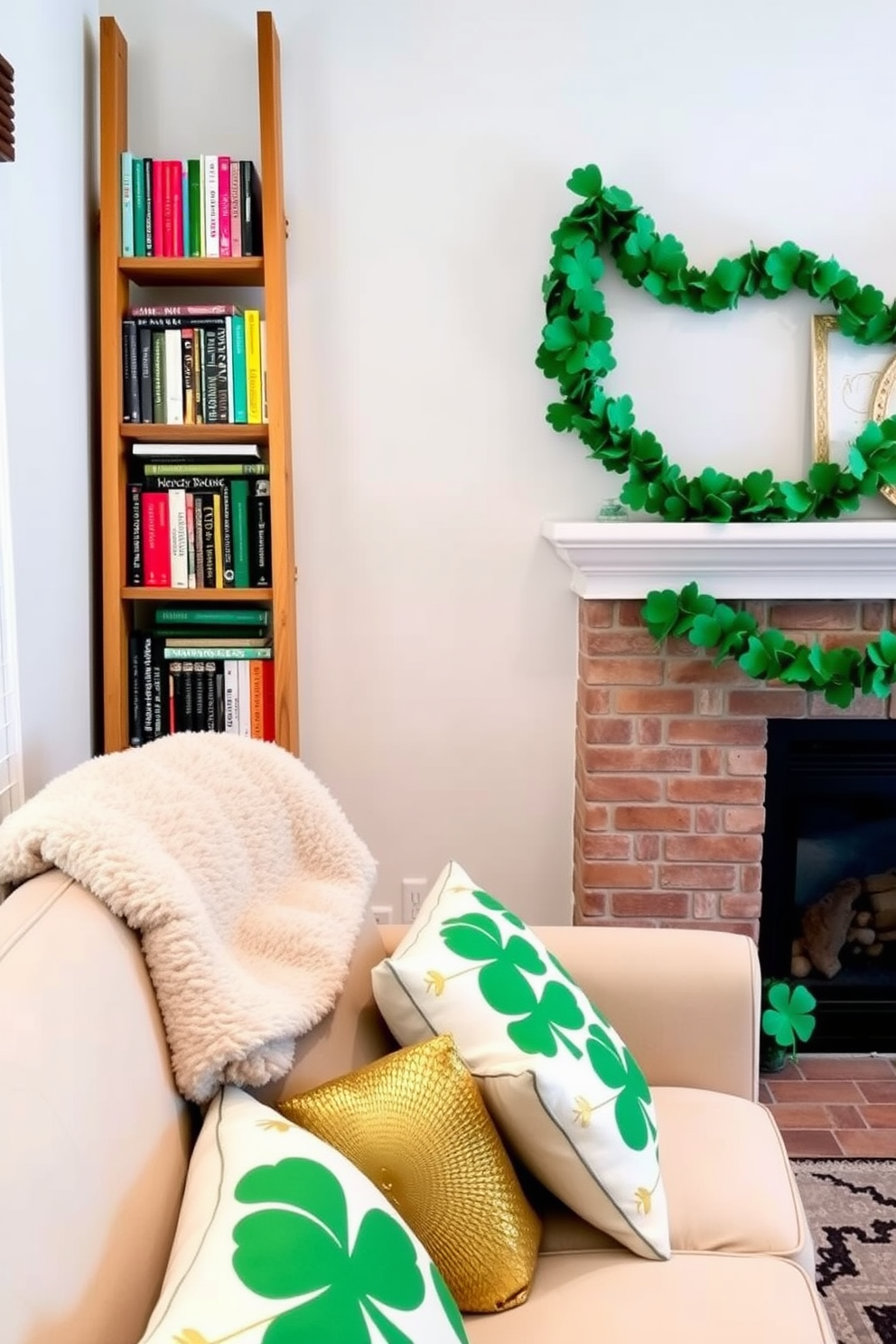 A cozy reading nook featuring a wooden ladder used for displaying an array of colorful books. Soft cushions and a plush throw blanket are arranged on a comfortable armchair, creating an inviting space for relaxation. A festive St. Patrick's Day decorating theme with green and gold accents throughout the room. Shamrock-patterned throw pillows adorn the sofa, while a cheerful garland of four-leaf clovers hangs above the fireplace.