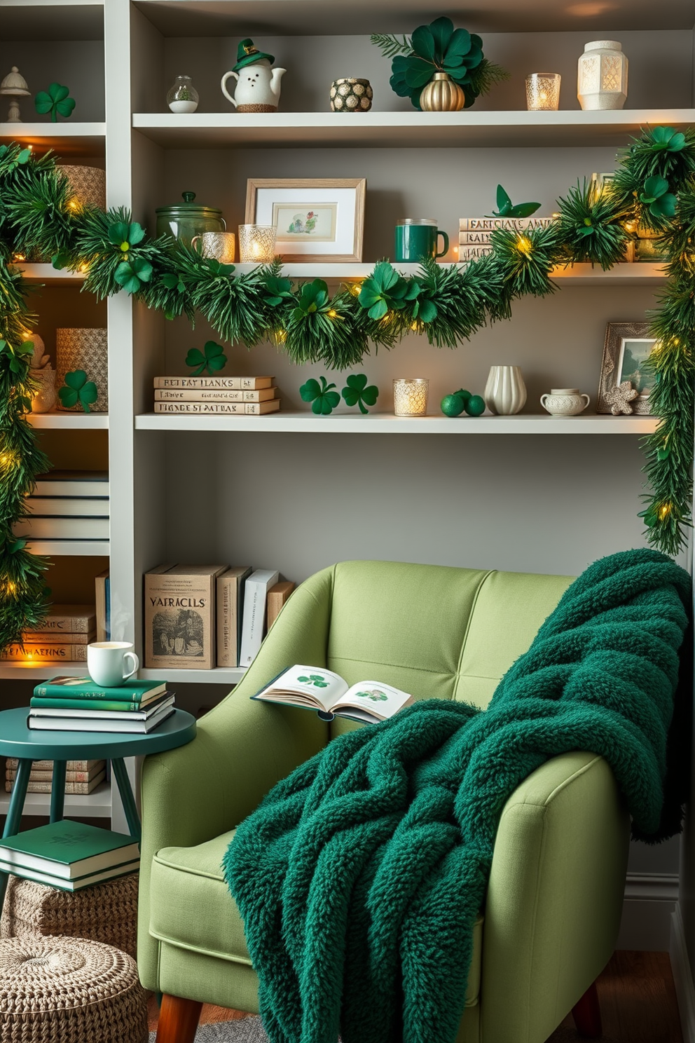 A cozy reading nook adorned with a festive garland draped across the shelves. The space features a comfortable armchair upholstered in soft green fabric, complemented by a small side table holding a stack of books and a steaming cup of tea. The shelves are filled with charming decor items, including shamrock-themed accents and twinkling fairy lights. A plush throw blanket in a rich emerald hue is casually draped over the armchair, inviting relaxation and celebration of St. Patrick's Day.