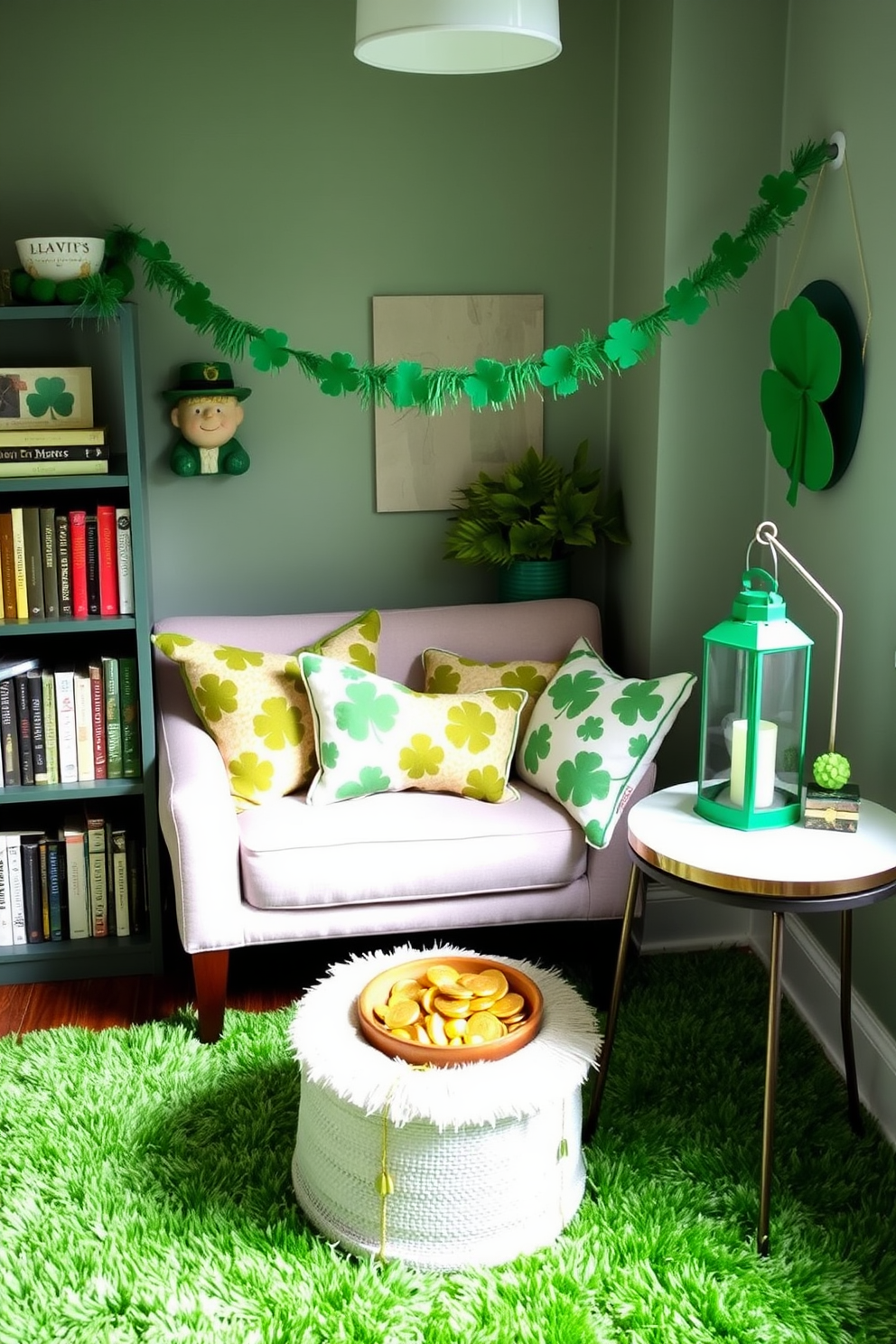 A cozy reading nook featuring a plush green area rug that adds comfort and warmth to the space. The nook is adorned with soft cushions and a small bookshelf filled with favorite reads, creating an inviting atmosphere for relaxation. For St. Patrick's Day, the decor includes playful accents such as shamrock-patterned throw pillows and a festive garland hanging above the nook. A small table beside the chair holds a decorative green lantern and a bowl of chocolate gold coins, enhancing the holiday spirit.