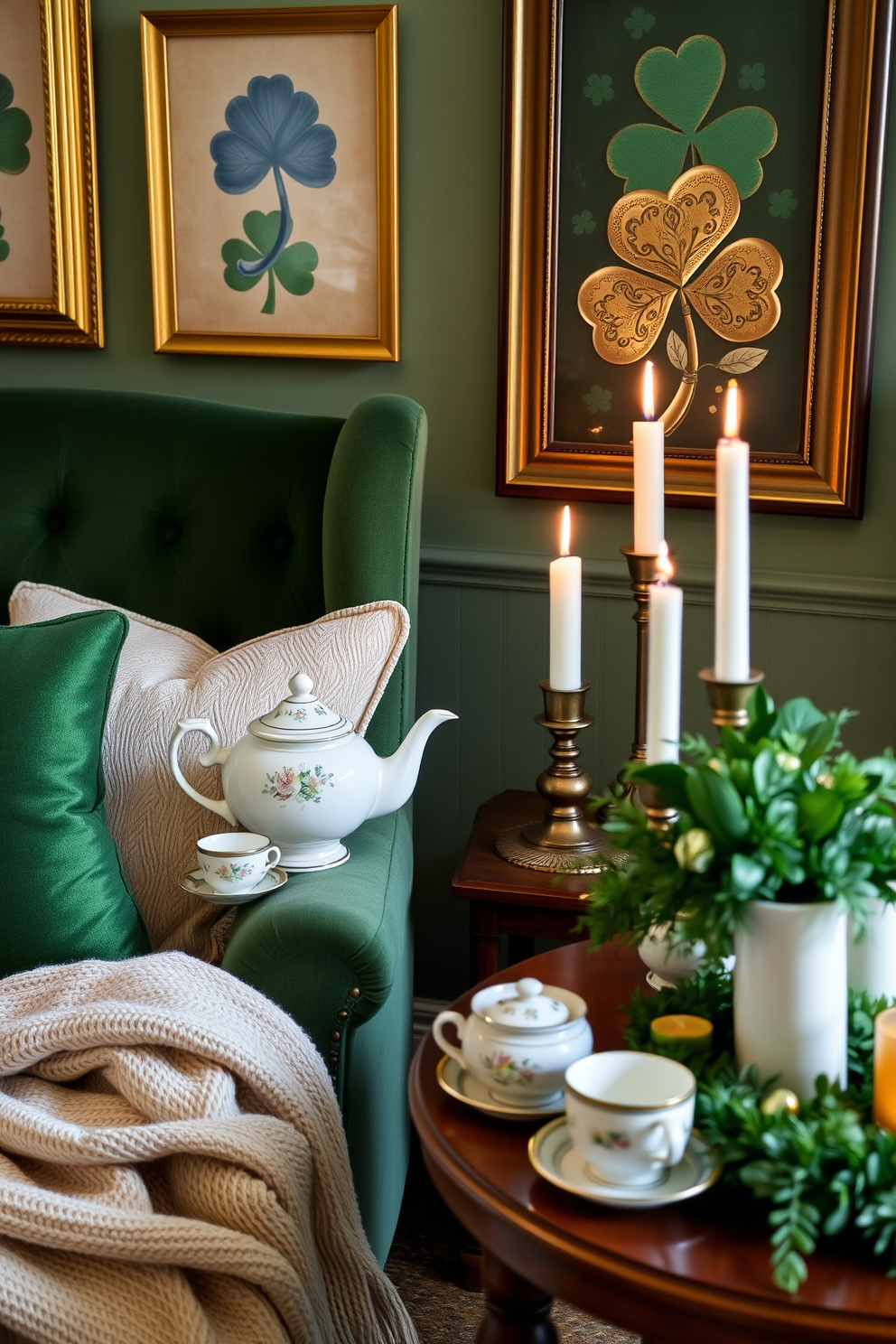 Charming tea set for cozy reading nook. A delicate porcelain tea set with floral patterns sits on a small wooden side table next to a plush armchair, surrounded by soft cushions and a warm throw blanket. St. Patricks Day decorating ideas. Adorn the space with green and gold accents, including shamrock-themed wall art and a festive table centerpiece featuring fresh greenery and candles.