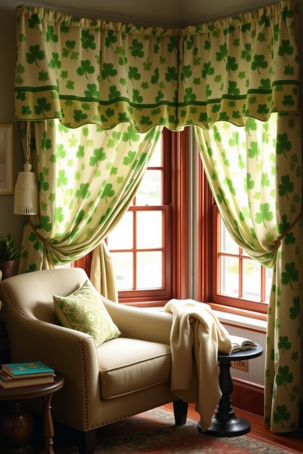 A cozy reading nook adorned with shamrock patterned curtains that bring a touch of charm and festivity. The nook features a comfortable armchair, a small side table with a stack of books, and a warm throw blanket draped over the armrest.