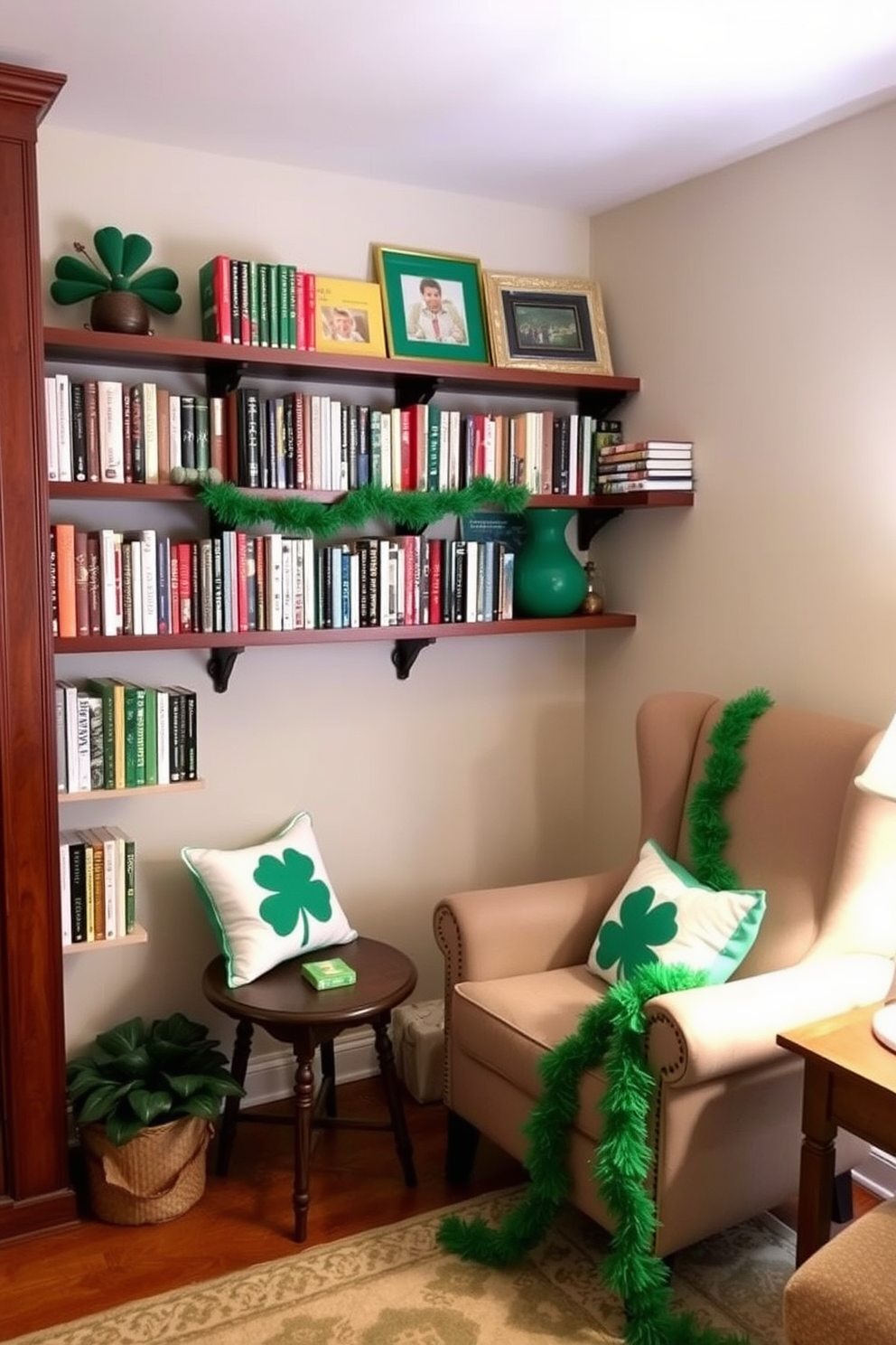 A cozy reading nook featuring wall-mounted shelves that save space and display an array of books and decorative items. The nook is adorned with a comfortable armchair and a small side table, creating an inviting atmosphere for relaxation. For St. Patrick's Day, the nook is decorated with green accents, including shamrock-themed pillows and a festive garland draped across the shelves. Soft lighting enhances the cheerful ambiance, making it a perfect spot to celebrate the holiday.