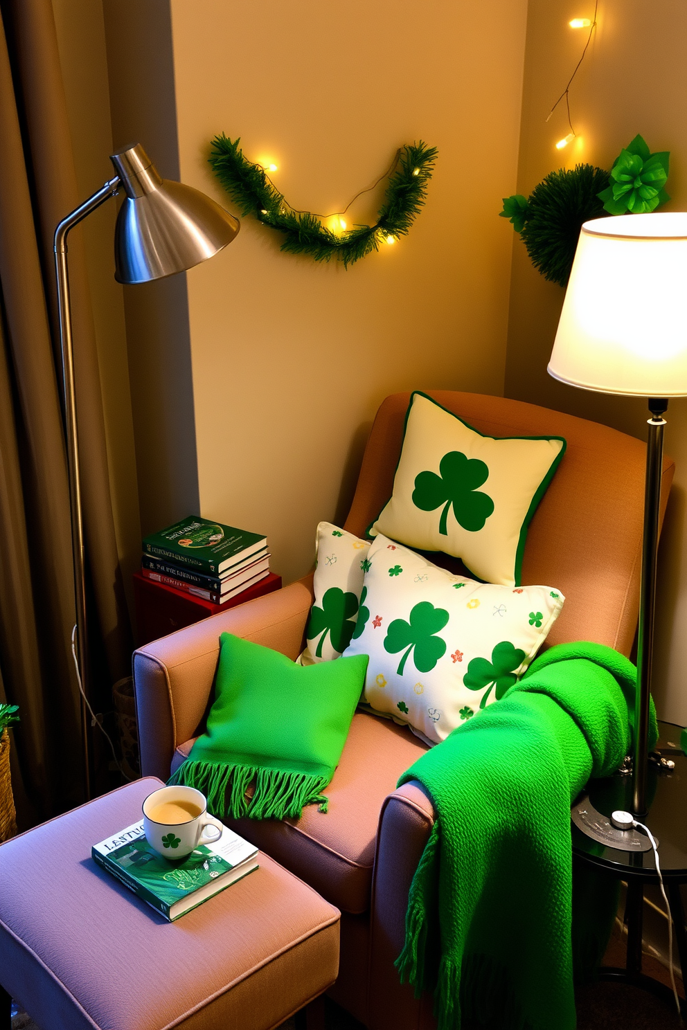 A cozy reading nook features a plush reading chair upholstered in soft fabric with a warm blanket draped over one arm. The nook is illuminated by a stylish floor lamp, and a small side table holds a stack of books and a steaming cup of tea. For St. Patrick's Day, the space is adorned with festive green and gold decorations. Shamrock-themed cushions and a vibrant green throw blanket add a cheerful touch, while twinkling fairy lights create a warm and inviting atmosphere.