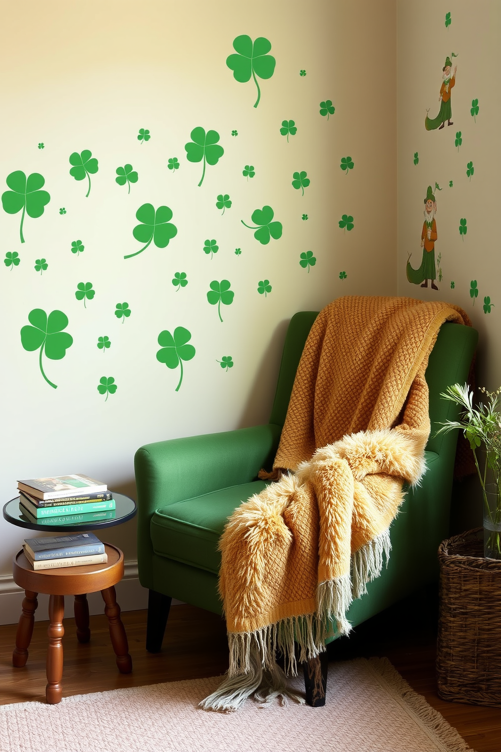 A cozy reading nook decorated for St. Patrick's Day features a comfortable armchair upholstered in soft green fabric. The wall is adorned with playful wall decals of shamrocks and leprechauns, creating a festive atmosphere. A small side table beside the chair holds a stack of books and a steaming cup of tea. A fluffy throw blanket in shades of green and gold is draped over the armchair, inviting relaxation and comfort.