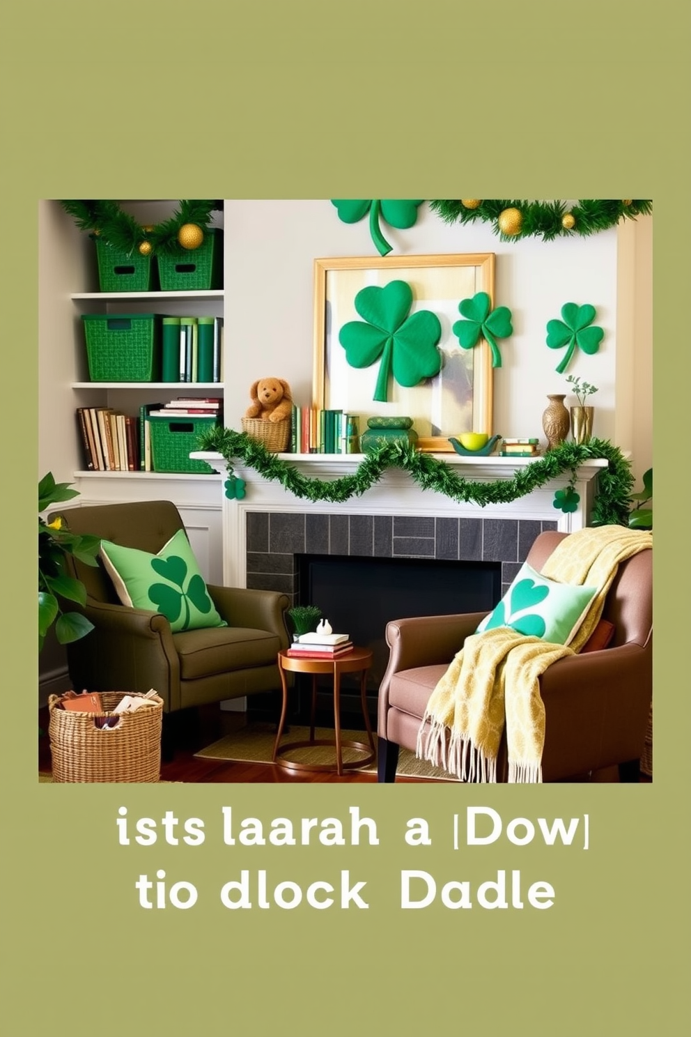 A cozy reading nook adorned with nature-inspired decor featuring lush moss accents. The nook includes a comfortable armchair, a small wooden side table, and a bookshelf filled with greenery and books. For St. Patrick's Day, the decorating ideas incorporate vibrant green hues and playful shamrock motifs. The space is enhanced with festive garlands, decorative pillows, and a cheerful table setting that celebrates the holiday.