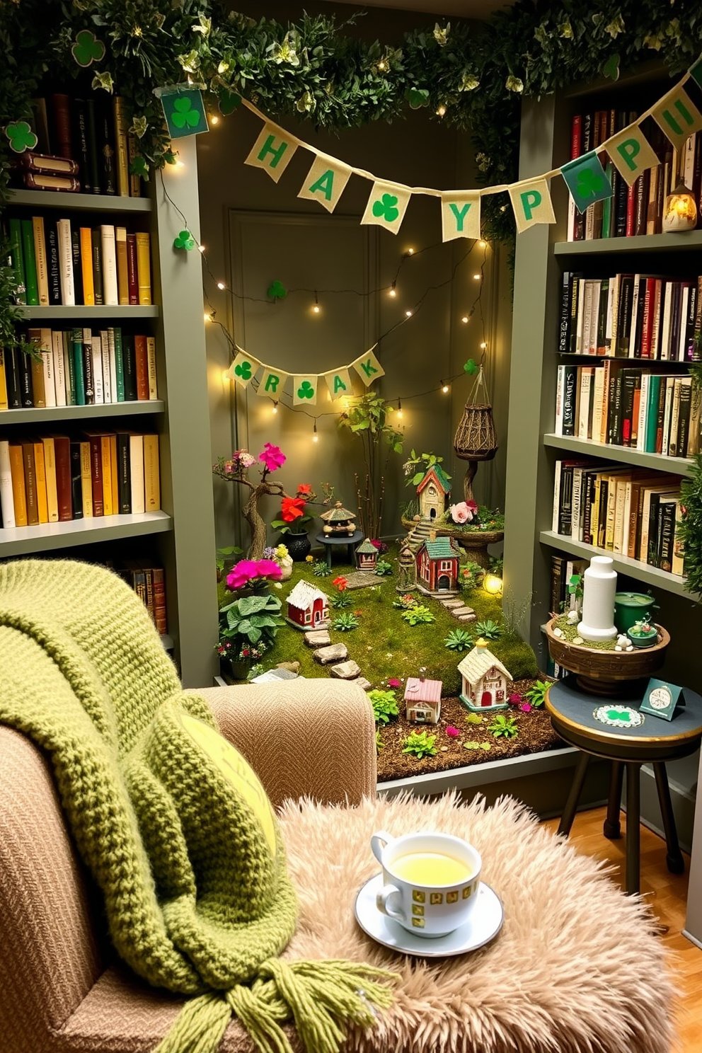 A cozy reading nook adorned with colorful bookends featuring a St. Patrick's Day theme. The space is enhanced by a plush armchair upholstered in a soft green fabric, surrounded by shelves filled with books and festive decorations.