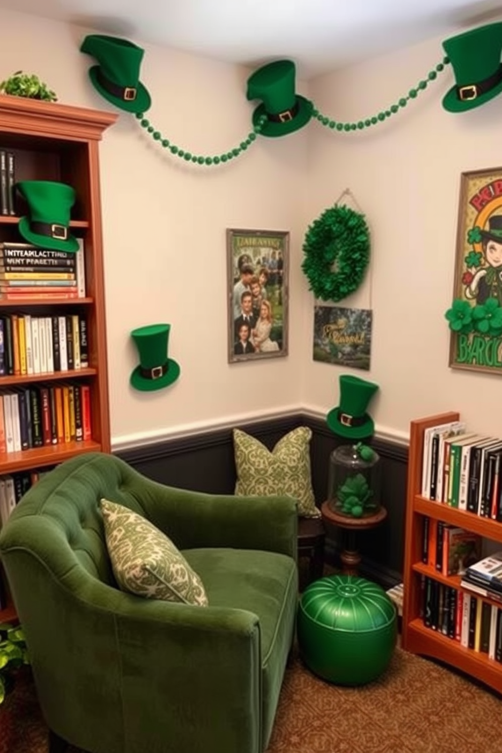 A cozy reading nook featuring a plush armchair in a rich emerald green fabric positioned next to a tall bookshelf filled with books and framed quotes about luck and reading. Soft natural light filters through a nearby window adorned with sheer curtains, creating a warm and inviting atmosphere perfect for curling up with a good book. For St. Patrick's Day decorating ideas, envision a charming living room adorned with green and gold accents, including a festive garland of shamrocks draped over the mantel. A collection of decorative pillows with playful Irish sayings adds a touch of whimsy to the space, complemented by a vibrant centerpiece of fresh flowers in shades of green and white.