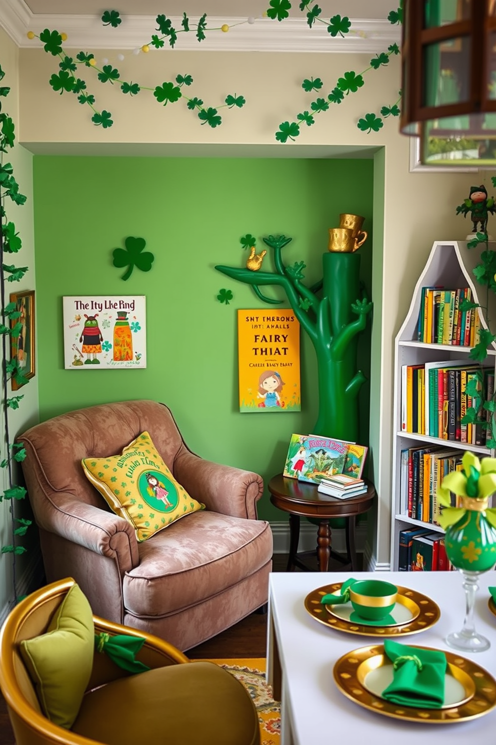 A cozy reading nook filled with brightly colored fairy tale books. The nook features a plush oversized armchair, a small side table, and a whimsical bookshelf shaped like a tree. For St. Patrick's Day decorating ideas, imagine a vibrant space adorned with green and gold accents. Shamrock garlands hang from the walls, and a festive table setting showcases gold-rimmed plates and green napkins.