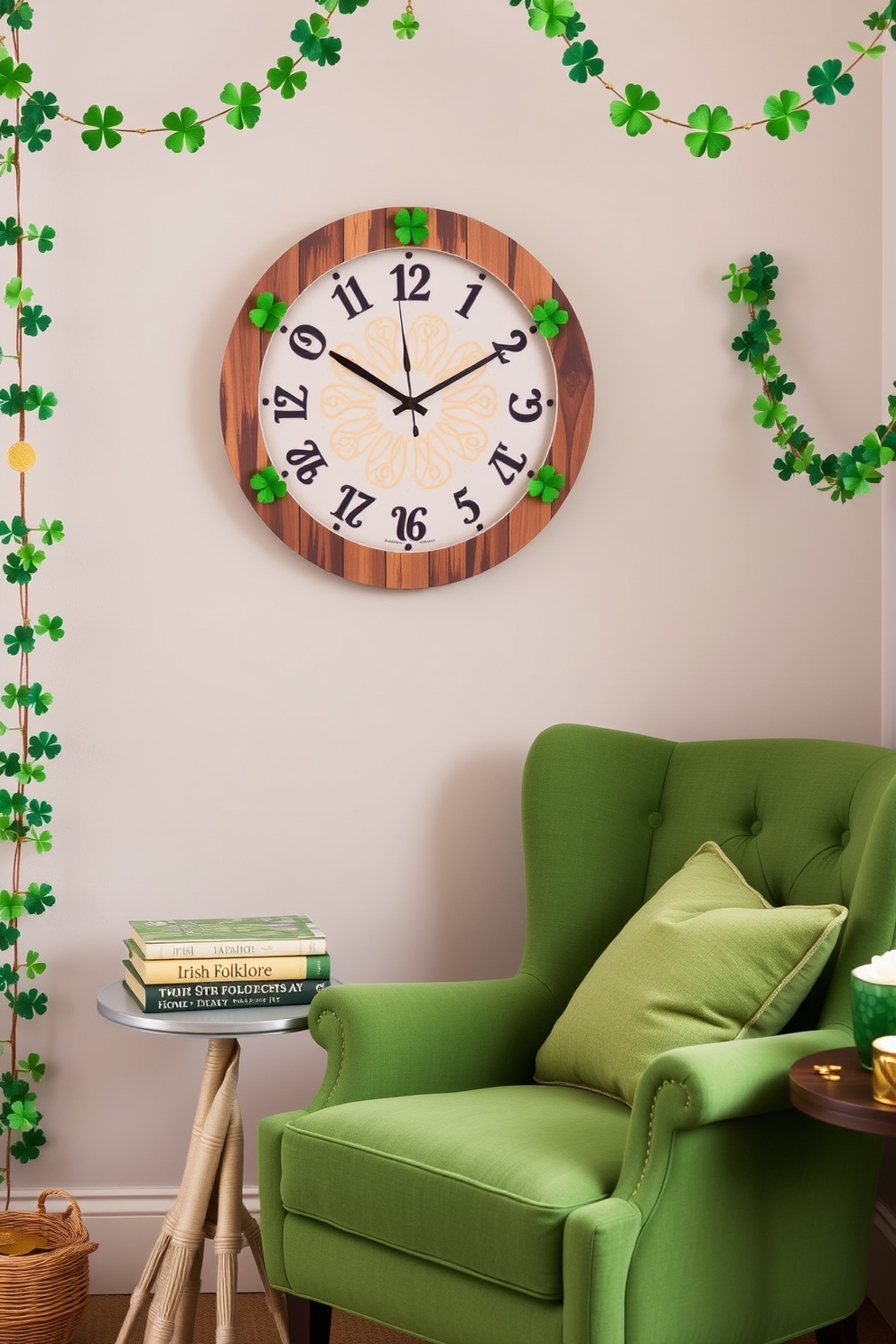 A charming St. Patrick's Day themed wall clock features a rustic wooden frame adorned with green shamrocks and gold accents. The clock face displays Celtic designs, creating a festive focal point for any room. The reading nook is cozy and inviting with a plush green armchair and a small side table. A soft throw blanket and a stack of books about Irish folklore complete the space, perfect for enjoying a quiet afternoon. St. Patrick's Day decorating ideas include hanging garlands of shamrocks and golden coins around the room. Incorporate green cushions and festive tableware to create a cheerful atmosphere for celebrations.