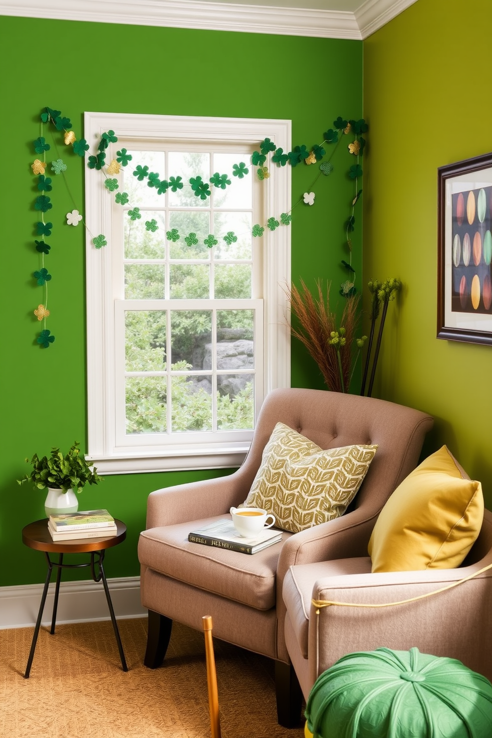 A cozy reading nook adorned with a personalized sign featuring shamrocks. The space includes a comfortable armchair upholstered in soft green fabric, a small wooden side table, and a stack of colorful books nearby.