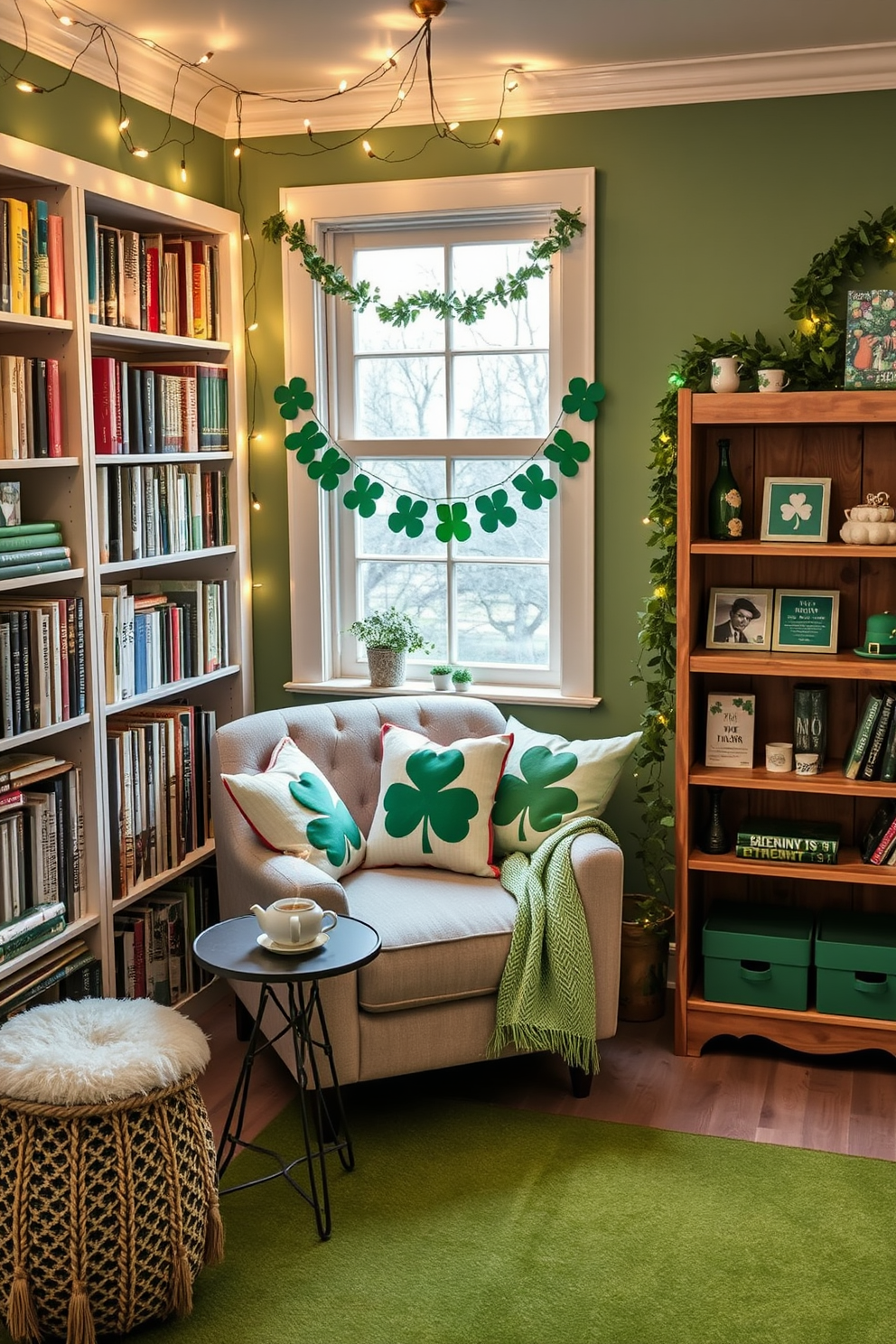 Cozy reading nook with fairy lights. A plush armchair is positioned in the corner, surrounded by shelves filled with books. Soft, warm fairy lights are draped above, creating a magical ambiance. A small side table holds a steaming cup of tea and a cozy blanket, inviting relaxation. St. Patricks Day decorating ideas. A vibrant green color palette is used, featuring shamrock-themed cushions and a festive garland hanging from the window. A rustic wooden bookshelf displays themed books and small decorative items, while a green area rug adds warmth to the space.