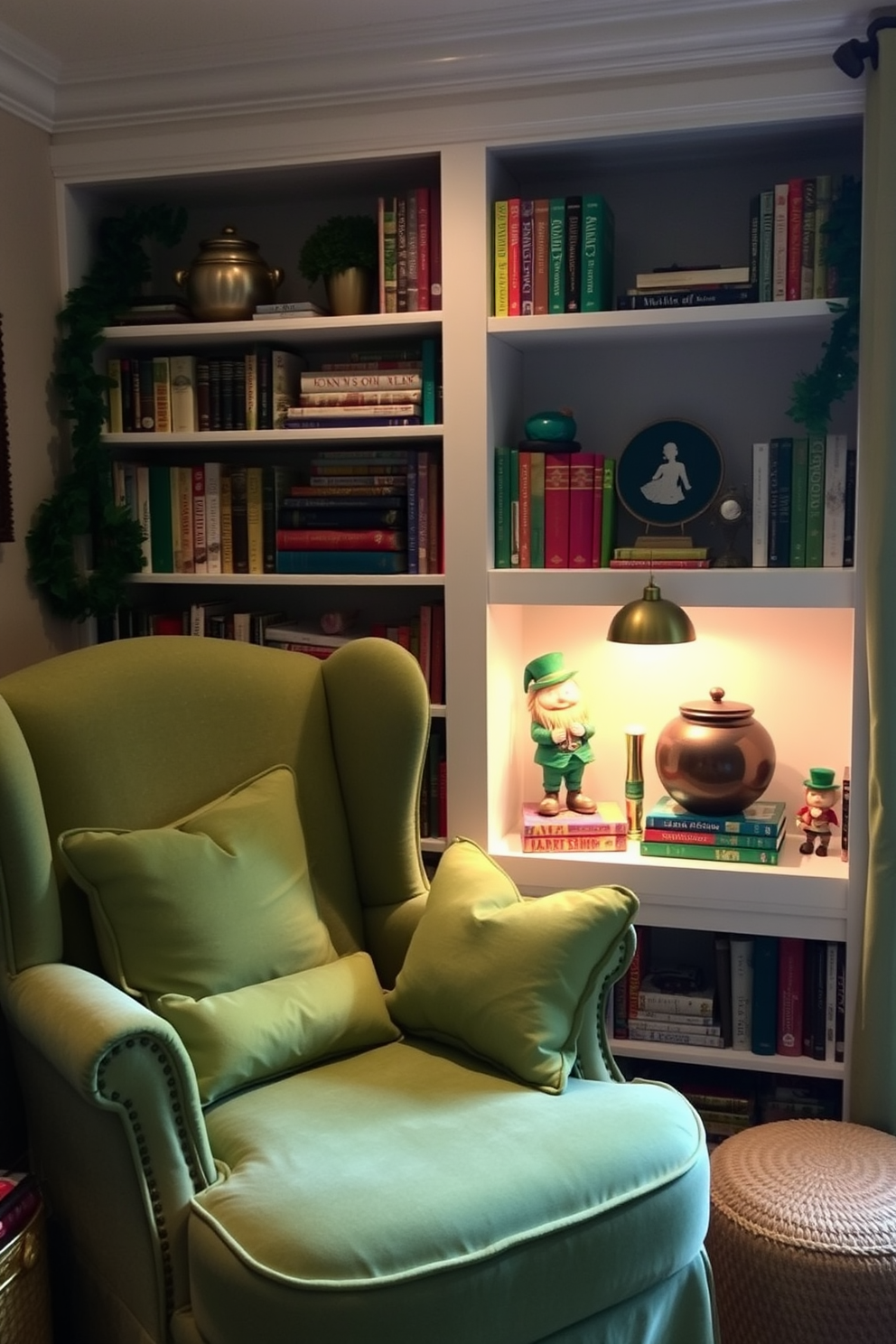 A cozy reading nook adorned for St. Patrick's Day features a plush armchair covered in a soft green fabric. On the nearby bookshelf, whimsical leprechaun figurines are playfully positioned among colorful books and decorative items. The nook is illuminated by warm, ambient lighting that creates an inviting atmosphere. Green and gold accents, such as cushions and throws, enhance the festive spirit while maintaining a sophisticated look.