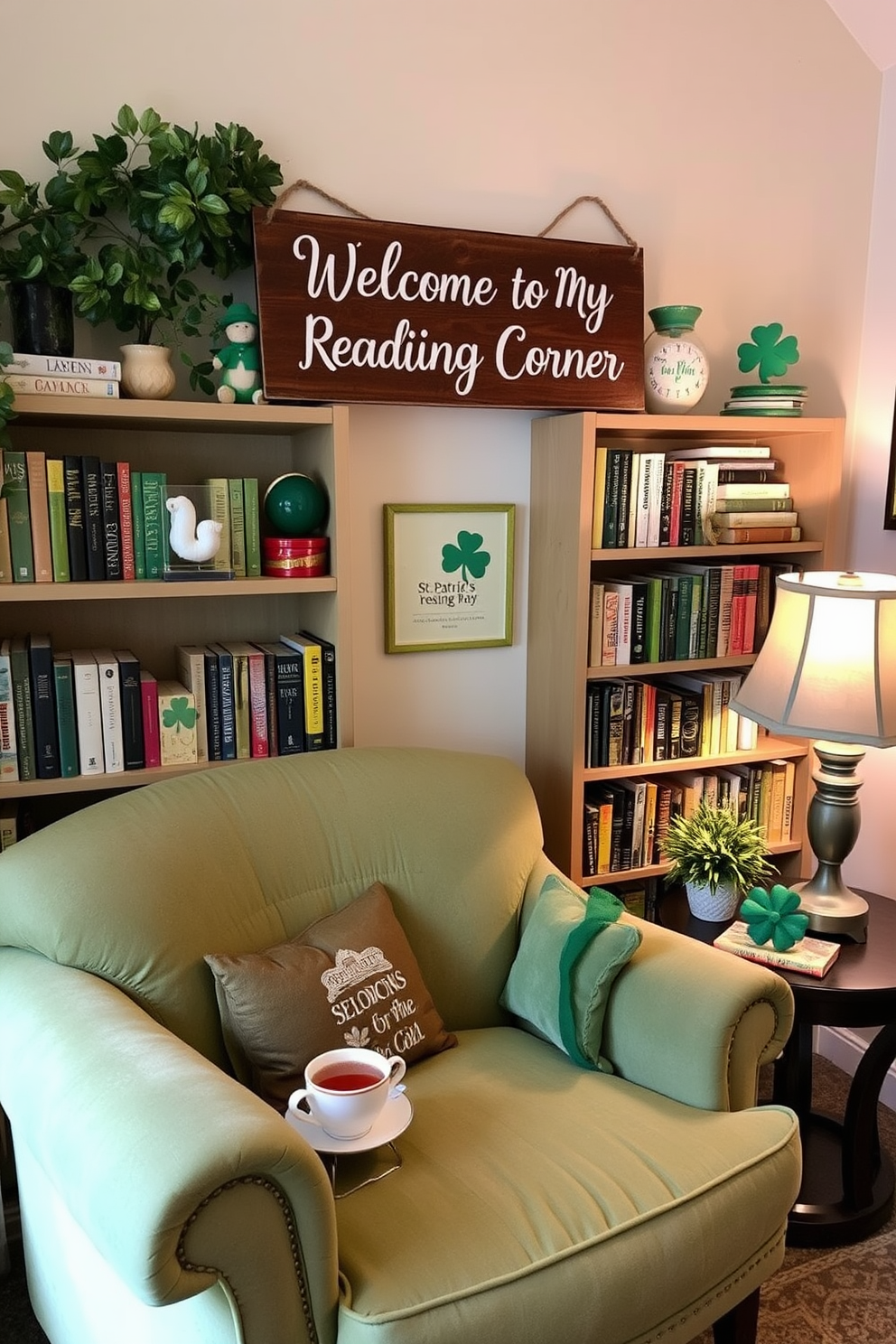 A cozy reading nook adorned with a collection of lucky charms displayed under a glass cloche. The nook features a plush armchair in a soft green fabric, complemented by a small side table holding a steaming cup of tea and a stack of books.