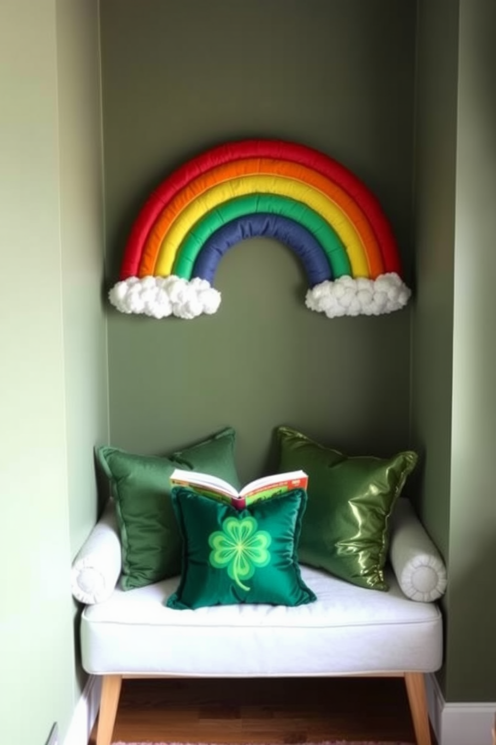 Create a cozy reading nook featuring a vibrant rainbow wall art piece that adds a playful touch to the space. The nook is adorned with plush cushions in various shades of green and gold to celebrate St. Patrick's Day, creating an inviting atmosphere perfect for relaxation.