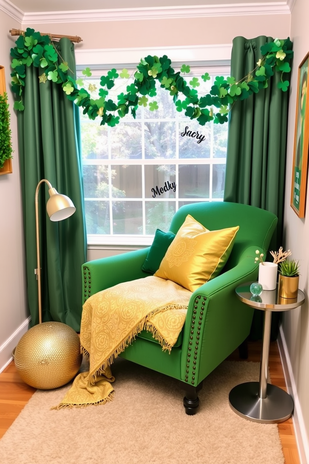 A cozy reading nook decorated for St. Patrick's Day features a plush armchair upholstered in a soft green fabric. A small side table holds a stack of books and a festive shamrock-themed lamp, casting a warm glow in the corner. The wall art showcases vibrant St. Patrick's Day motifs, including leprechauns and clovers. A garland of paper shamrocks hangs above the chair, adding a playful touch to the space.