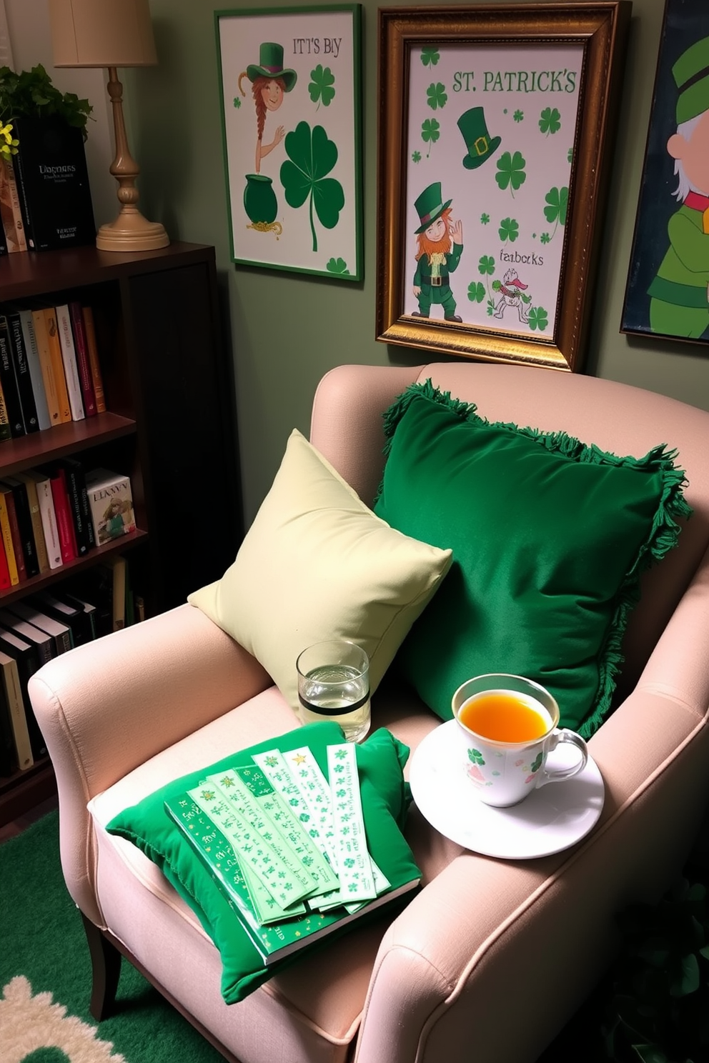 A cozy reading nook decorated for St. Patrick's Day. There are plush green cushions scattered on a comfortable armchair, and a small bookshelf filled with books on the side. The walls are adorned with festive artwork featuring shamrocks and leprechauns. A small table holds a stack of St. Patrick's Day themed bookmarks, alongside a steaming cup of tea.