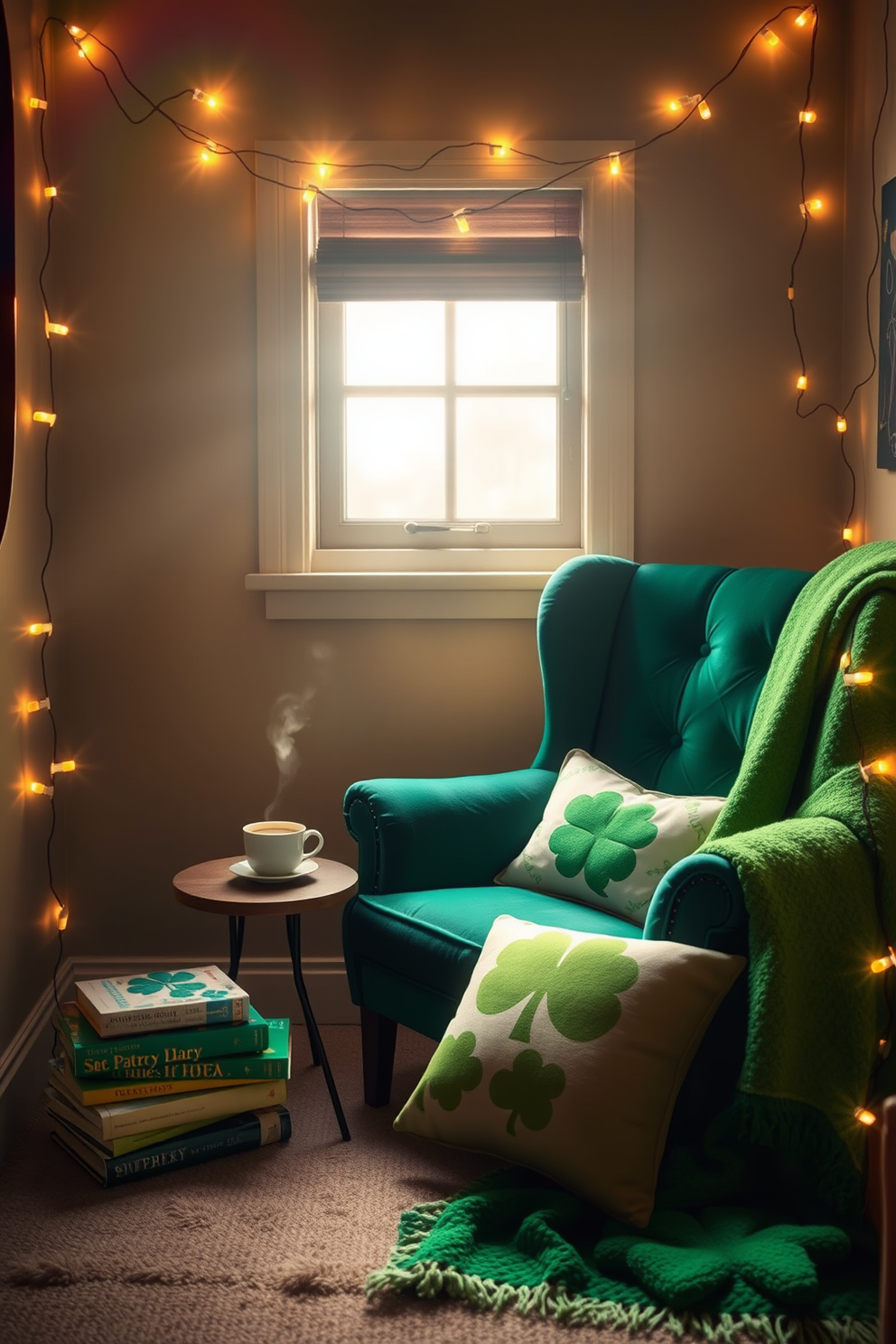 A cozy reading nook bathed in soft, warm light. The space features a plush armchair in a rich emerald green fabric, complemented by a small side table holding a steaming cup of tea. Strings of fairy lights are draped around the nook, creating a magical ambiance that invites relaxation. A stack of colorful books rests on the floor beside the chair, adding a touch of whimsy to the setting. For St. Patrick's Day, the nook is adorned with festive decorations. A vibrant green throw blanket and a few shamrock-themed cushions enhance the festive spirit while maintaining a stylish look.