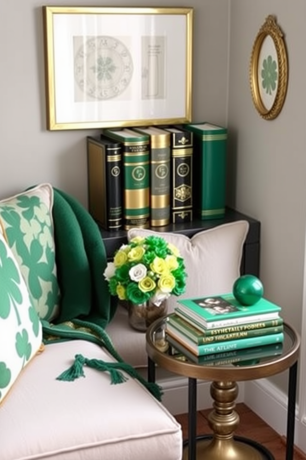 A cozy reading nook bathed in natural light. There are plush cushions and a soft throw blanket on a comfortable armchair beside a small wooden side table. Fresh flowers in vibrant green vases are arranged on the table, adding a touch of nature to the space. A stack of books and a steaming cup of tea sit nearby, inviting relaxation and enjoyment. For St. Patrick's Day decorating ideas, the room is adorned with subtle green accents. Shamrock-themed decorations and golden accents create a festive yet elegant atmosphere.