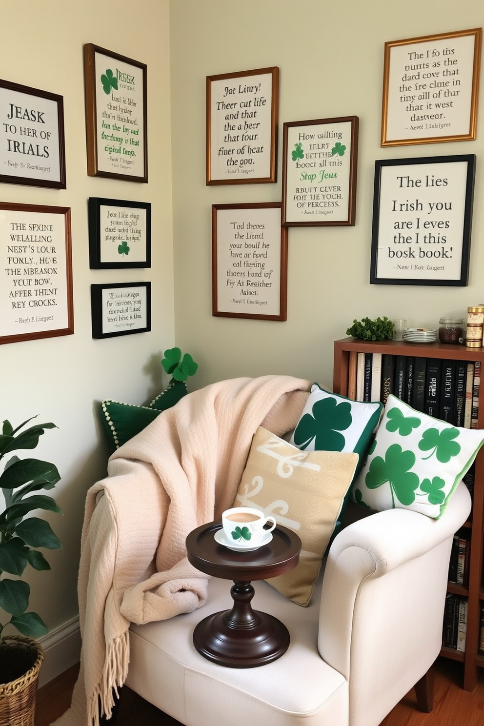 A cozy reading nook adorned with Irish quotes framed on the wall. The space features a comfortable armchair with a soft throw blanket and a small side table topped with a steaming cup of tea. Decorative elements for St. Patrick's Day include green accents and shamrock-themed cushions. A small bookshelf filled with classic literature sits in the corner, adding warmth and charm to the inviting atmosphere.