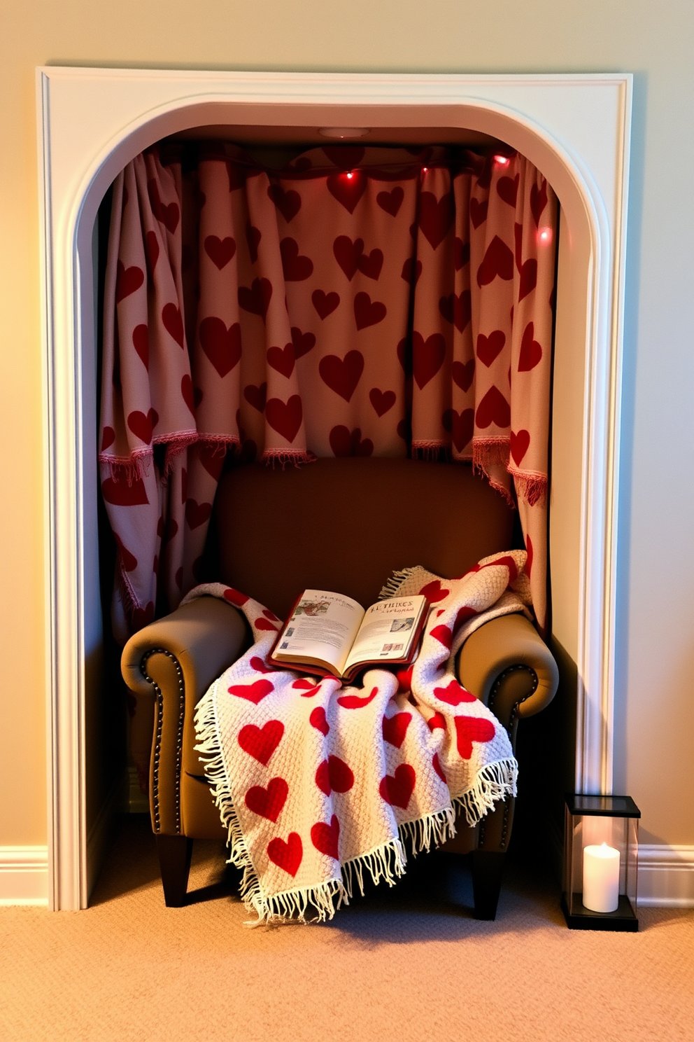 A cozy reading nook filled with soft blankets in red and pink hues. A plush armchair is positioned next to a small side table adorned with a stack of romantic novels and a steaming cup of tea.