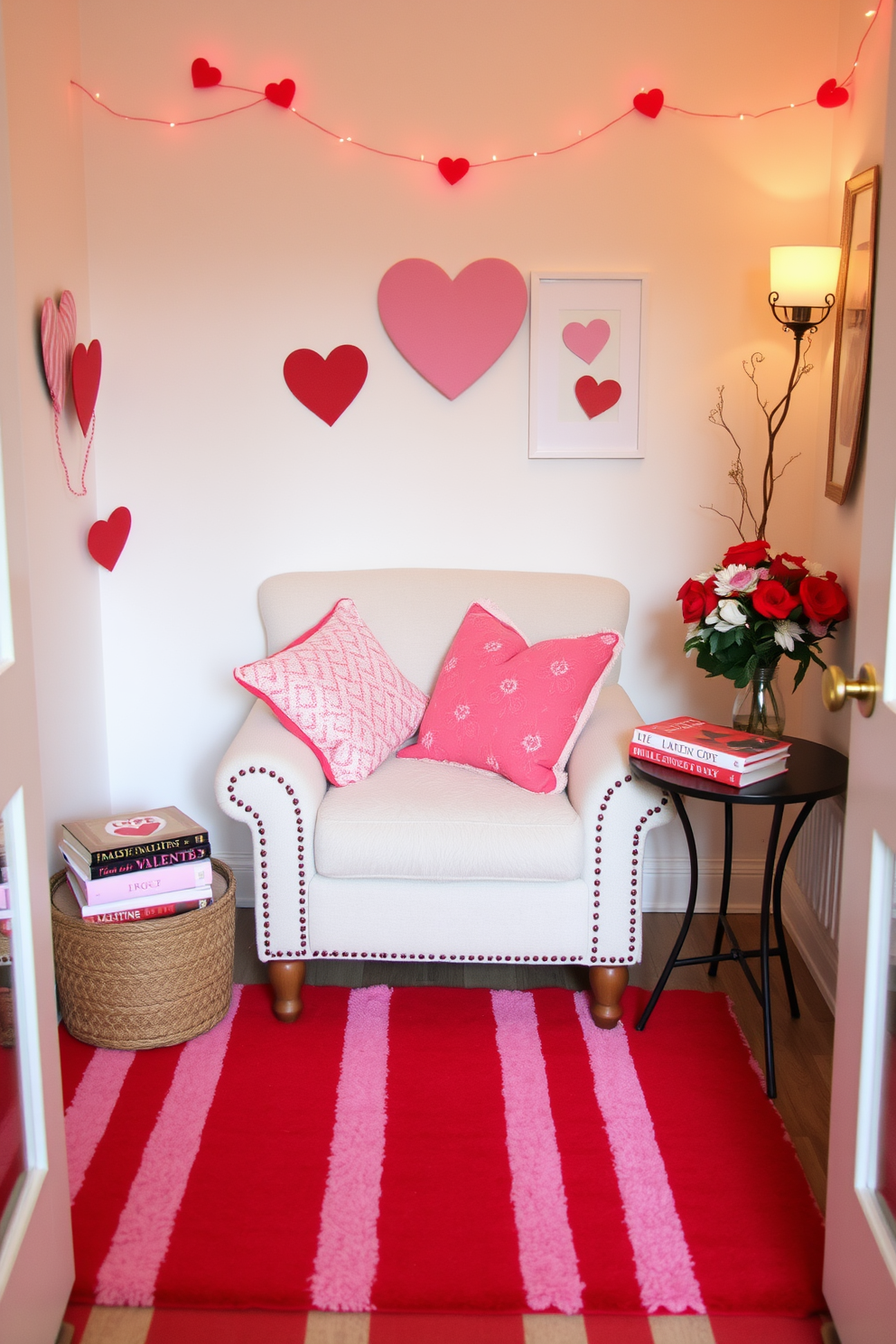 A cozy reading nook adorned with a red and white striped rug that adds a playful touch to the space. Plush cushions in coordinating colors are scattered on a comfortable armchair, creating an inviting spot for relaxation. Valentine's Day decorations are tastefully arranged around the nook, featuring heart-shaped accents and soft, romantic lighting. A small side table holds a stack of love-themed books and a vase of fresh flowers to enhance the festive atmosphere.