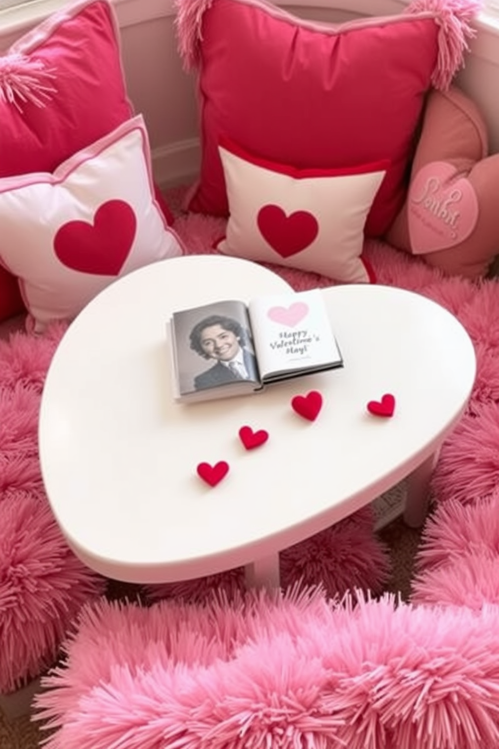 A charming heart-shaped coffee table sits at the center of a cozy reading nook. Surrounding the table are plush cushions in shades of pink and red, creating an inviting atmosphere perfect for Valentine's Day.