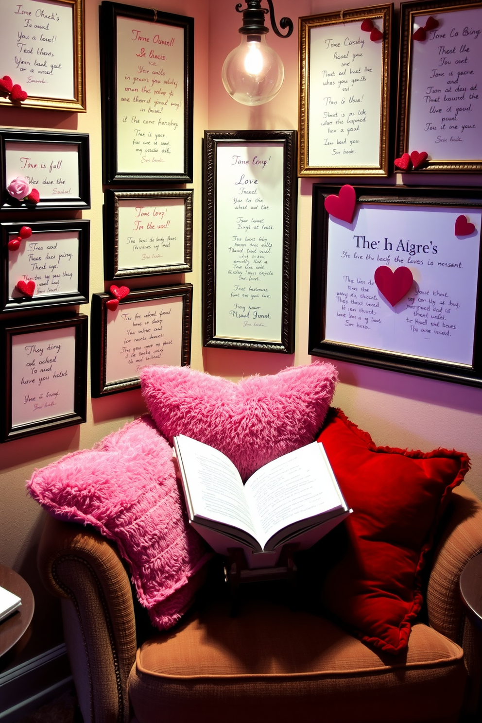 A cozy reading nook adorned with a collection of stacked books featuring vibrant red and pink spines. Soft cushions and a plush throw blanket create an inviting atmosphere, while heart-themed decorations add a festive touch for Valentine's Day.