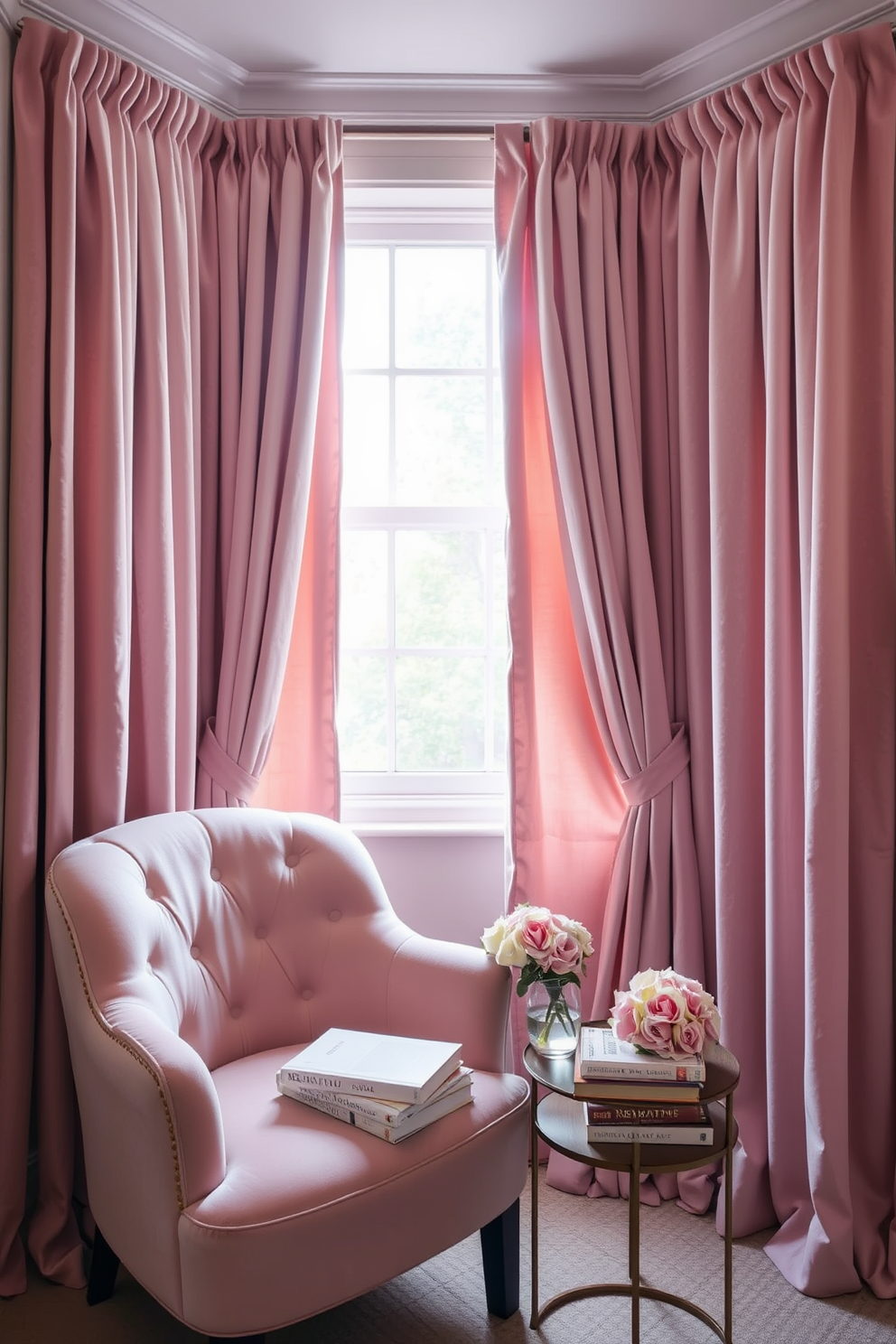 A cozy reading nook adorned with velvet curtains in soft blush. The space features a plush armchair and a small side table topped with a stack of romantic novels and a delicate vase of fresh flowers.