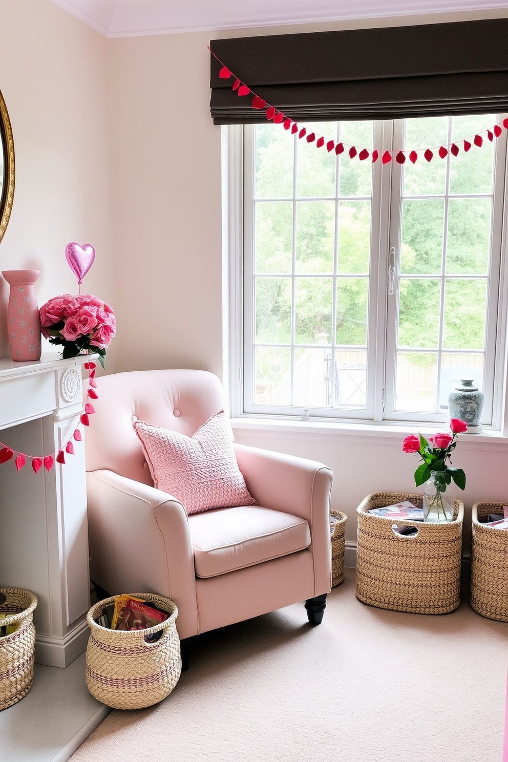 A cozy reading nook features a plush armchair in a soft pastel color, positioned next to a large window that allows natural light to flood the space. Decorative baskets in woven textures are placed nearby, providing stylish storage for books and magazines. For Valentine's Day, the room is adorned with soft pink and red accents, including heart-shaped cushions and a delicate garland of hearts draped along the mantel. A bouquet of fresh roses in a glass vase adds a romantic touch to the atmosphere.