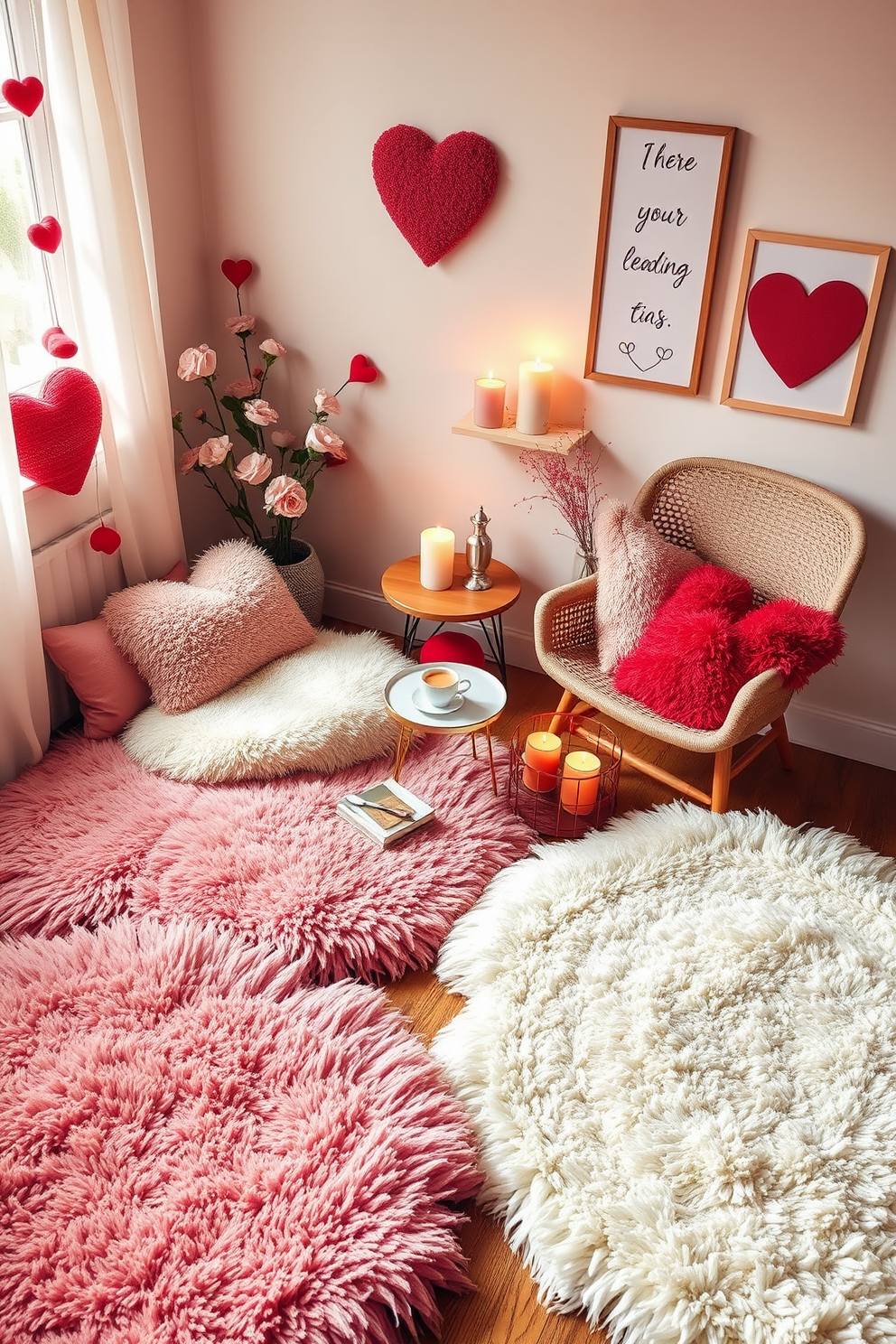 A cozy reading nook adorned with creative wall art that celebrates love themes. Plush cushions in shades of red and pink are arranged on a comfortable armchair, inviting relaxation and romance. The walls are decorated with framed prints of heart motifs and romantic quotes. A small side table holds a stack of love-themed books and a flickering candle to enhance the ambiance.