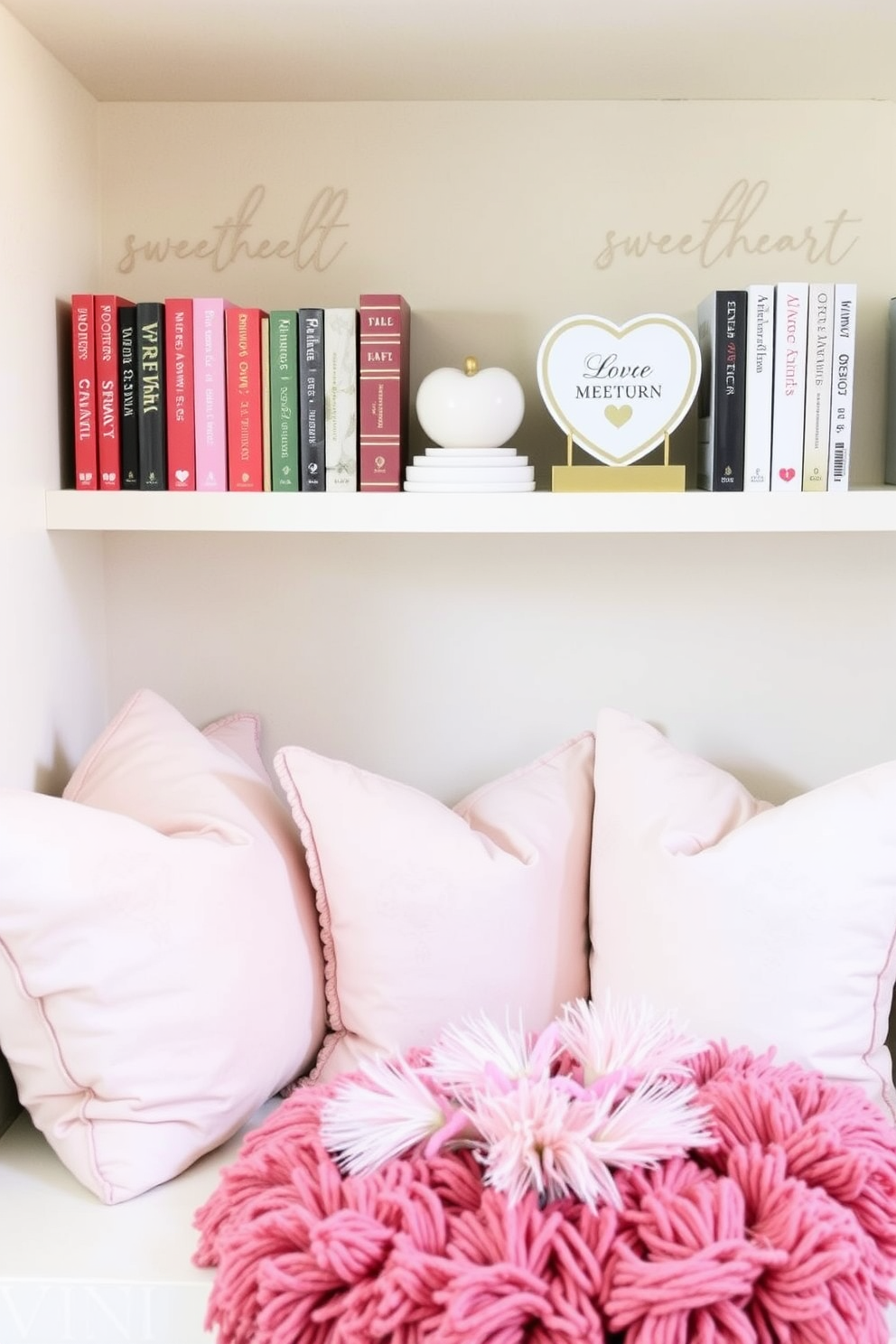 A cozy reading nook featuring sweetheart-themed bookends on elegantly styled shelves. The space is adorned with soft pillows and a plush throw, creating an inviting atmosphere perfect for Valentine's Day.