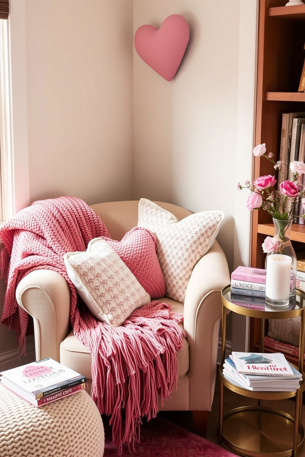 A cozy reading nook featuring a plush armchair upholstered in soft fabric. The space is adorned with chic woven throws draped over the armrest, adding warmth and texture. For Valentine's Day, the nook is decorated with heart-shaped cushions and soft pink accents. A small side table holds a stack of romantic novels and a scented candle to create an inviting atmosphere.