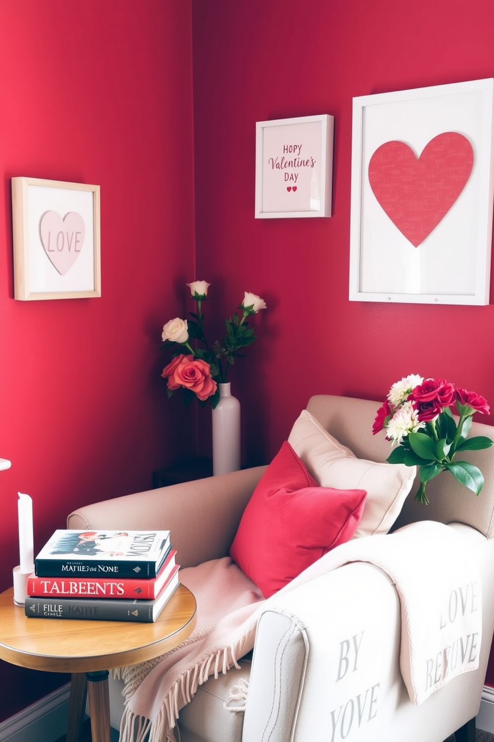 A cozy reading nook adorned with layered textiles creates a warm and inviting atmosphere. Soft throw blankets in various textures drape over a plush armchair, complemented by an assortment of decorative pillows in rich colors. For Valentine's Day, the space is decorated with romantic accents that enhance the cozy vibe. Heart-shaped cushions and delicate fairy lights add a whimsical touch, while a small side table holds a bouquet of fresh flowers.