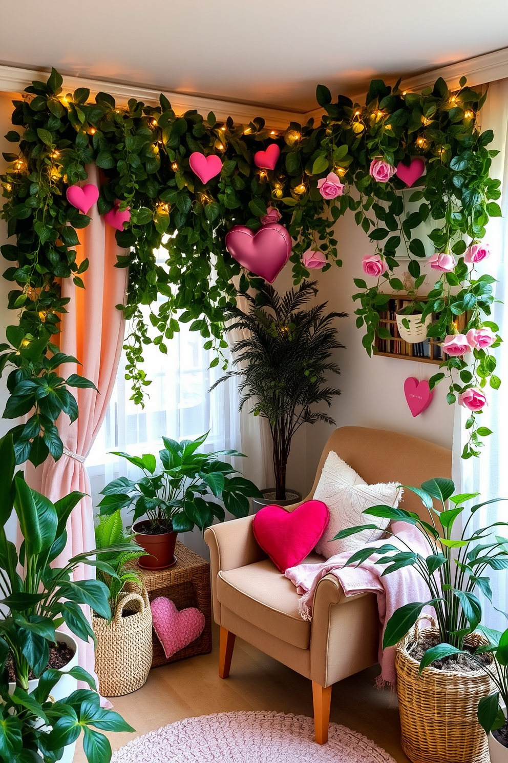 A cozy reading nook is adorned with lush greenery that brings a fresh touch to the space. A comfortable armchair sits in the corner, surrounded by potted plants and soft natural light filtering through sheer curtains. For Valentine's Day, the nook is decorated with romantic accents such as heart-shaped cushions and soft pink throws. Delicate fairy lights twinkle above, creating a warm and inviting atmosphere perfect for a cozy reading experience.