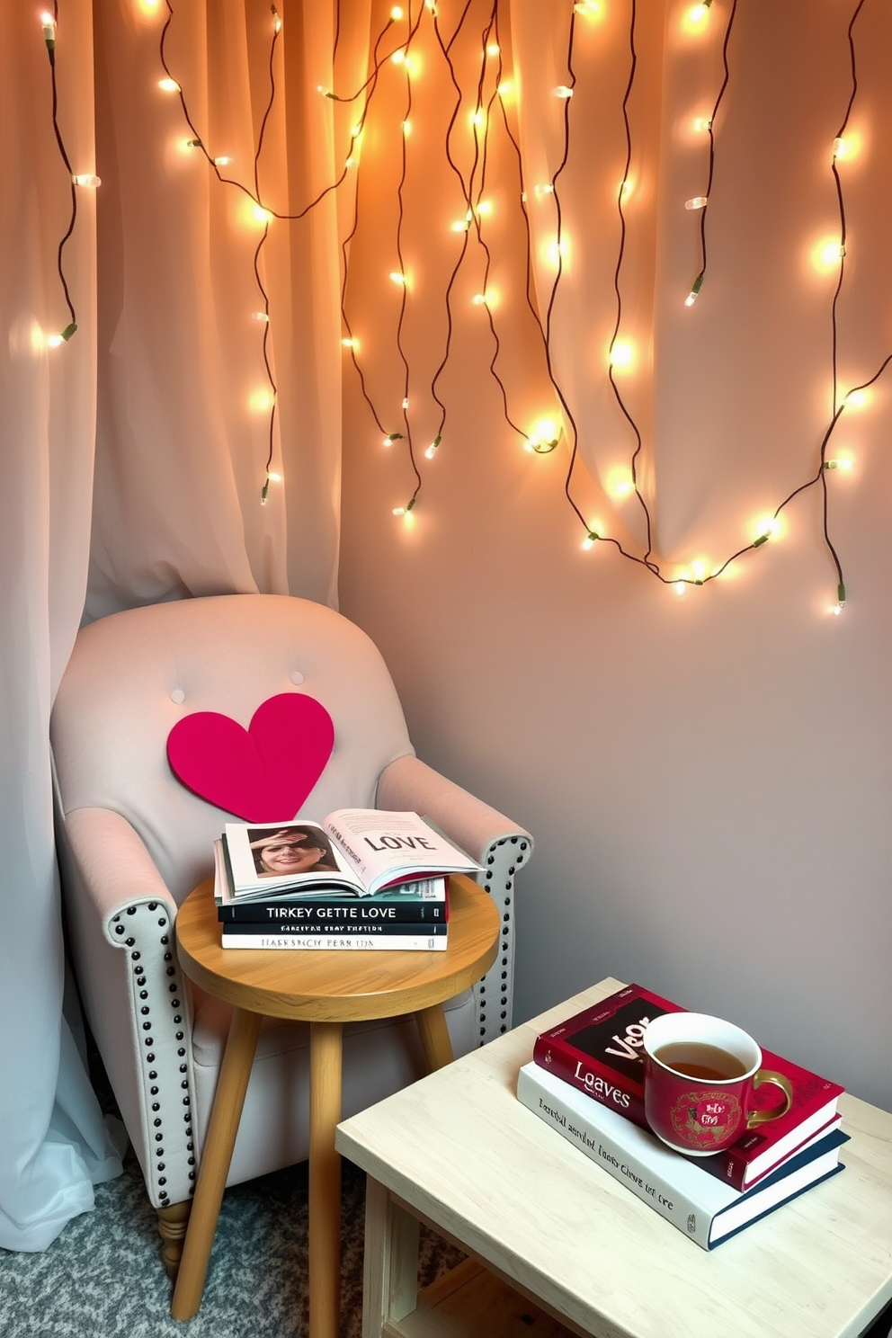 A cozy reading nook adorned with romantic fairy lights draped overhead creates an inviting atmosphere. A plush armchair is positioned beside a small wooden side table, which holds a stack of love-themed books and a steaming cup of tea.