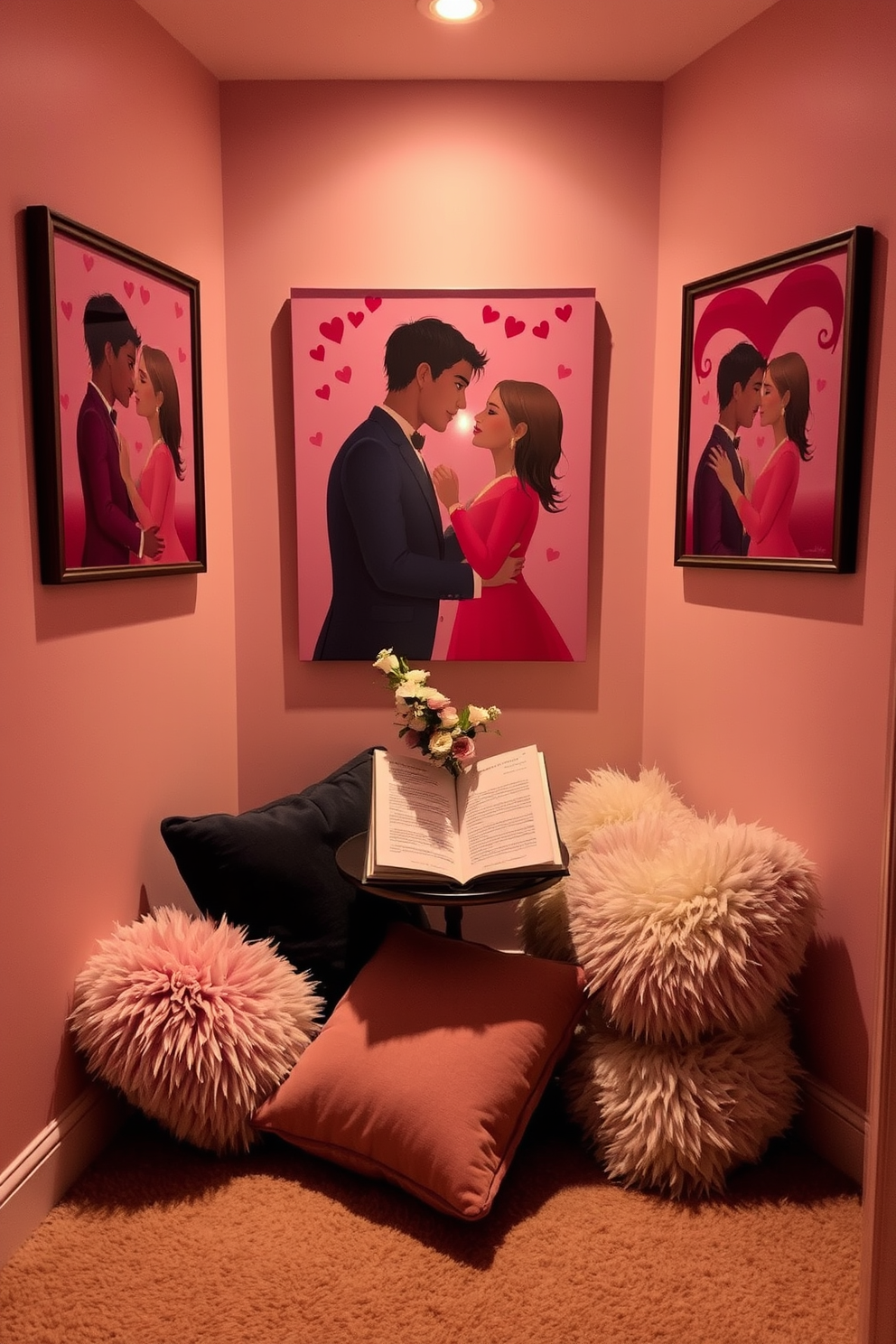 A cozy reading nook adorned with romantic artwork featuring couples. Soft lighting casts a warm glow on plush cushions and a small side table, creating an inviting atmosphere for Valentine's Day.