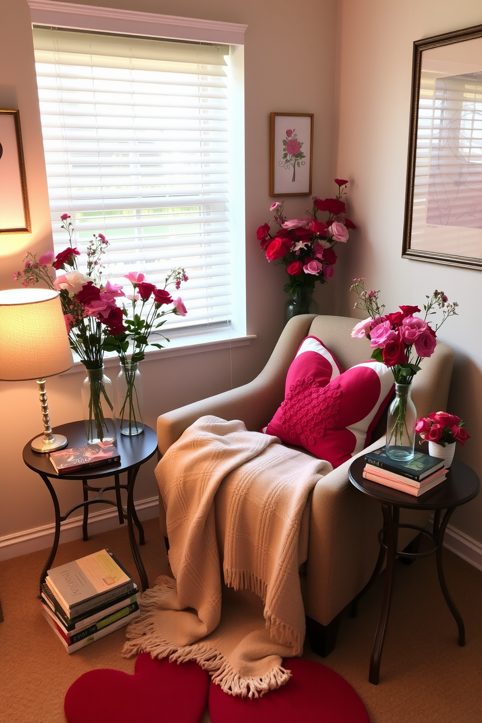 A cozy reading nook adorned for Valentine's Day features a comfortable armchair draped with a soft red throw blanket. The ceiling is decorated with delicate hanging paper hearts in various shades of pink and red, creating a whimsical atmosphere. A small side table next to the armchair holds a stack of love-themed books and a scented candle. The walls are painted in a warm pastel hue, and a plush rug on the floor adds to the inviting ambiance.