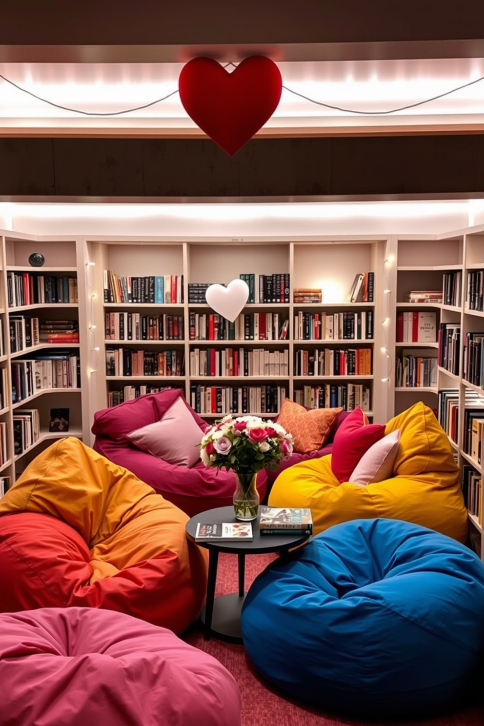 A cozy reading nook filled with snug bean bags in vibrant colors. The space is adorned with soft lighting and surrounded by shelves of books, creating an inviting atmosphere for relaxation and reading. For Valentine's Day, the nook is decorated with heart-shaped cushions and delicate fairy lights. A small table holds a vase of fresh flowers and a selection of romantic novels to enhance the theme.