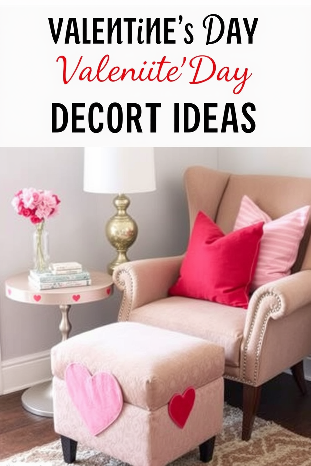 A stylish side table adorned with heart motifs sits beside a plush armchair in a cozy reading nook. Soft pink and red cushions are arranged on the chair, creating an inviting space perfect for Valentine's Day decorating ideas.