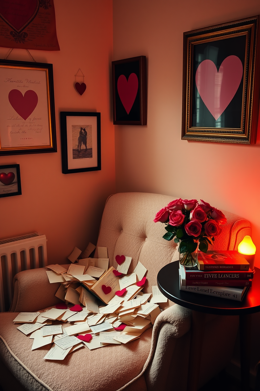 A cozy reading nook adorned with love letters scattered across a plush armchair. Soft, warm lighting illuminates the space, creating an inviting atmosphere perfect for romantic reading. The walls are decorated with framed love letters and heart-themed artwork. A small side table holds a vase of fresh roses and a stack of classic romance novels, enhancing the Valentine's Day theme.