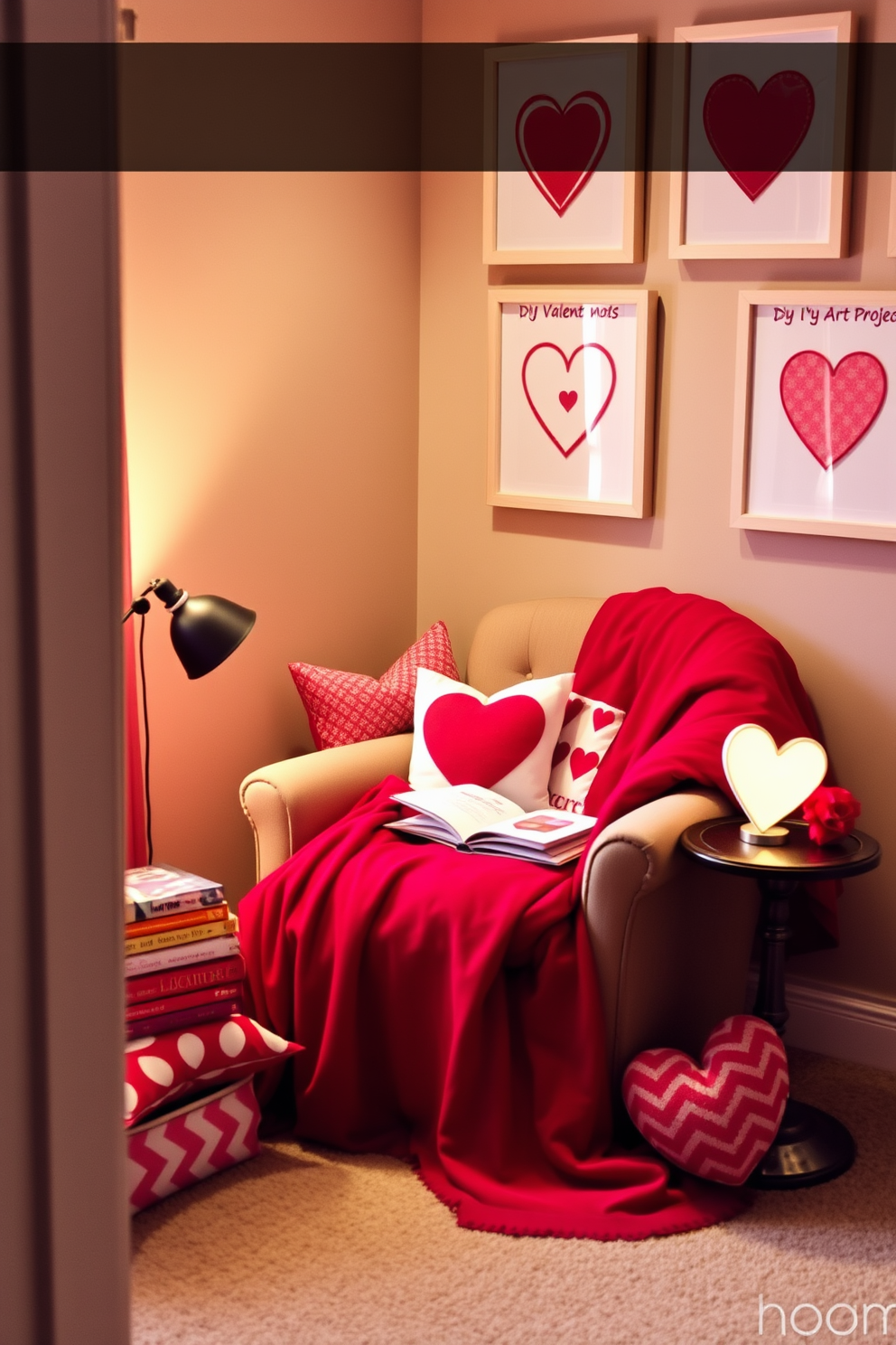 A cozy reading nook designed for Valentine's Day. It features a plush armchair draped with a soft red throw blanket and surrounded by heart-themed cushions. On the wall, there are framed DIY heart art projects that add a personal touch. A small side table holds a stack of romantic novels and a heart-shaped lamp that casts a warm glow.