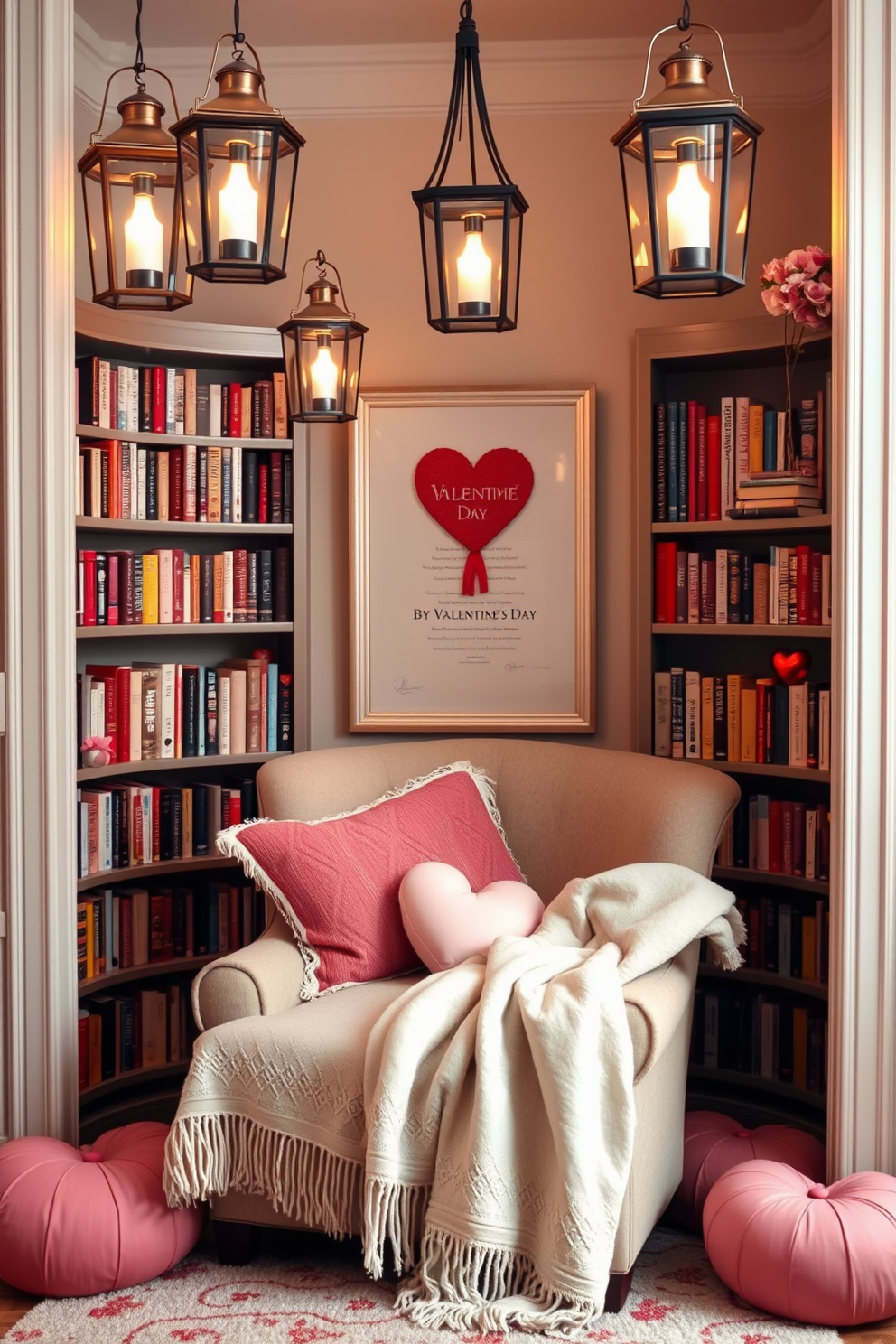 A cozy reading nook adorned with elegant lanterns that provide soft, warm lighting. The space features a plush armchair draped with a soft throw blanket, surrounded by bookshelves filled with colorful books. For Valentine's Day, the nook is decorated with romantic accents such as heart-shaped cushions and subtle floral arrangements. Soft pink and red hues dominate the decor, creating a warm and inviting atmosphere perfect for relaxation.