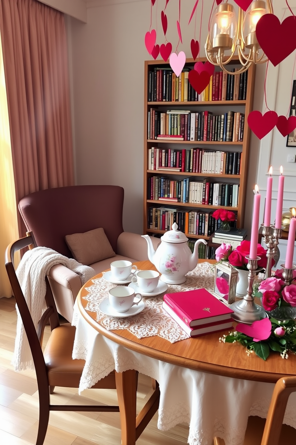 A charming tea set is elegantly arranged on a round wooden table with a lace tablecloth. The teapot is adorned with delicate floral patterns, accompanied by matching cups and saucers, creating a warm and inviting atmosphere for cozy drinks. The reading nook features a plush armchair nestled in the corner, surrounded by tall bookshelves filled with colorful novels. A soft throw blanket drapes over the armrest, and a small side table holds a steaming cup of tea and a stack of books. Valentine's Day decorating ideas include a romantic table setting with red and pink accents. Heart-shaped decorations hang from the ceiling, and candles flicker softly, creating a dreamy ambiance perfect for celebrating love.