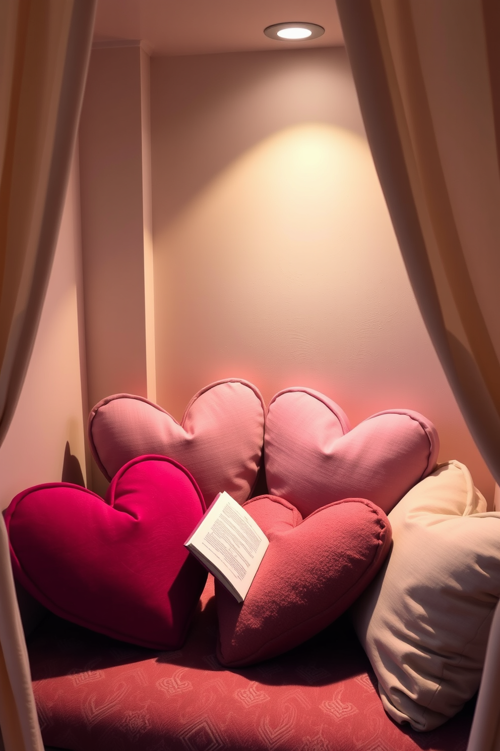 A cozy reading nook adorned with heart-shaped cushions that invite relaxation and warmth. Soft lighting casts a gentle glow, creating an intimate space perfect for enjoying a good book on Valentine's Day.