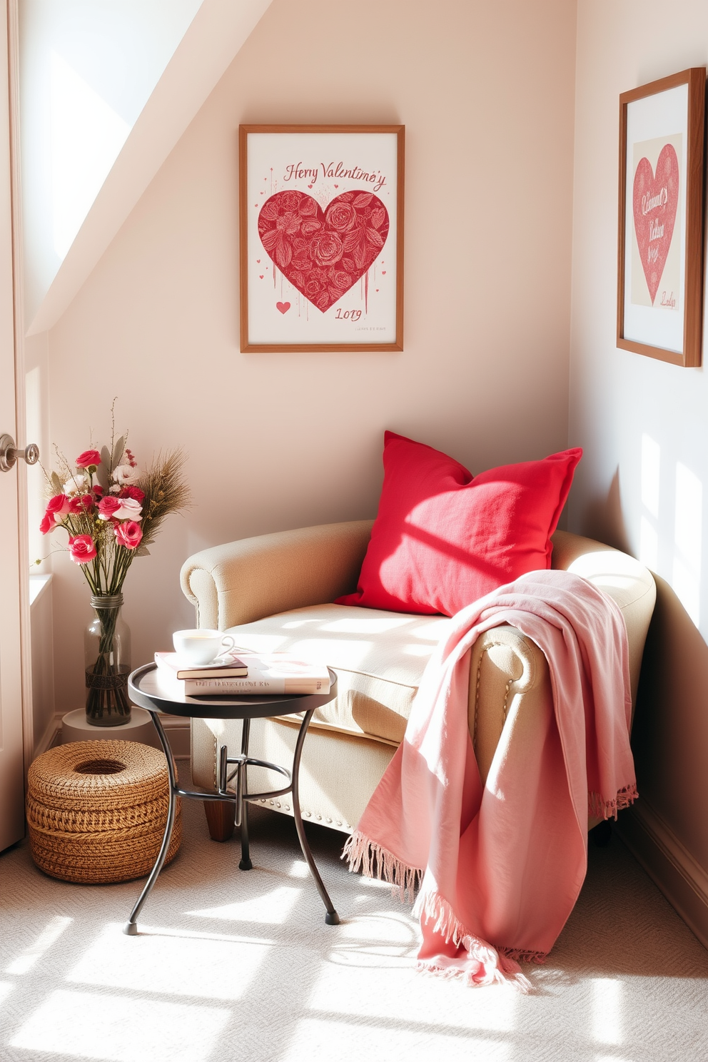 A cozy reading nook bathed in soft natural light. A plush armchair is positioned next to a small side table adorned with a stack of books and a steaming cup of tea. The walls are decorated with romantic Valentine's Day-themed artwork. Soft pink and red accents are added through cushions and a throw blanket draped over the armchair.