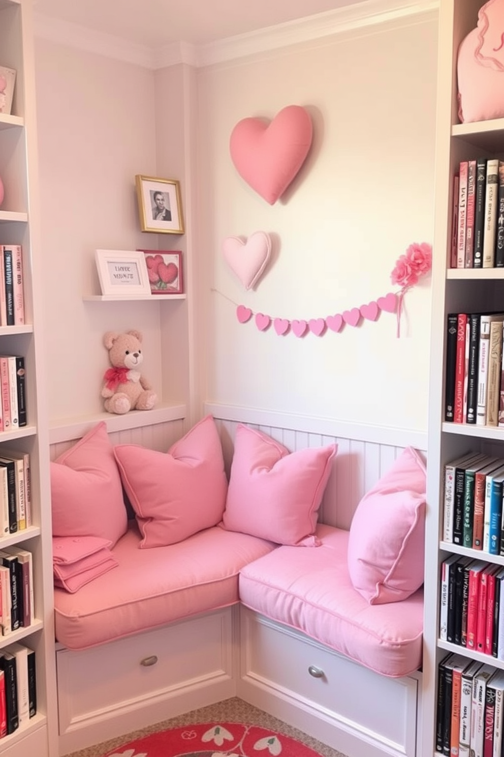 A cozy reading nook adorned with soft pink cushions for comfort. The nook is surrounded by shelves filled with books and decorated with Valentine's Day themed accents.